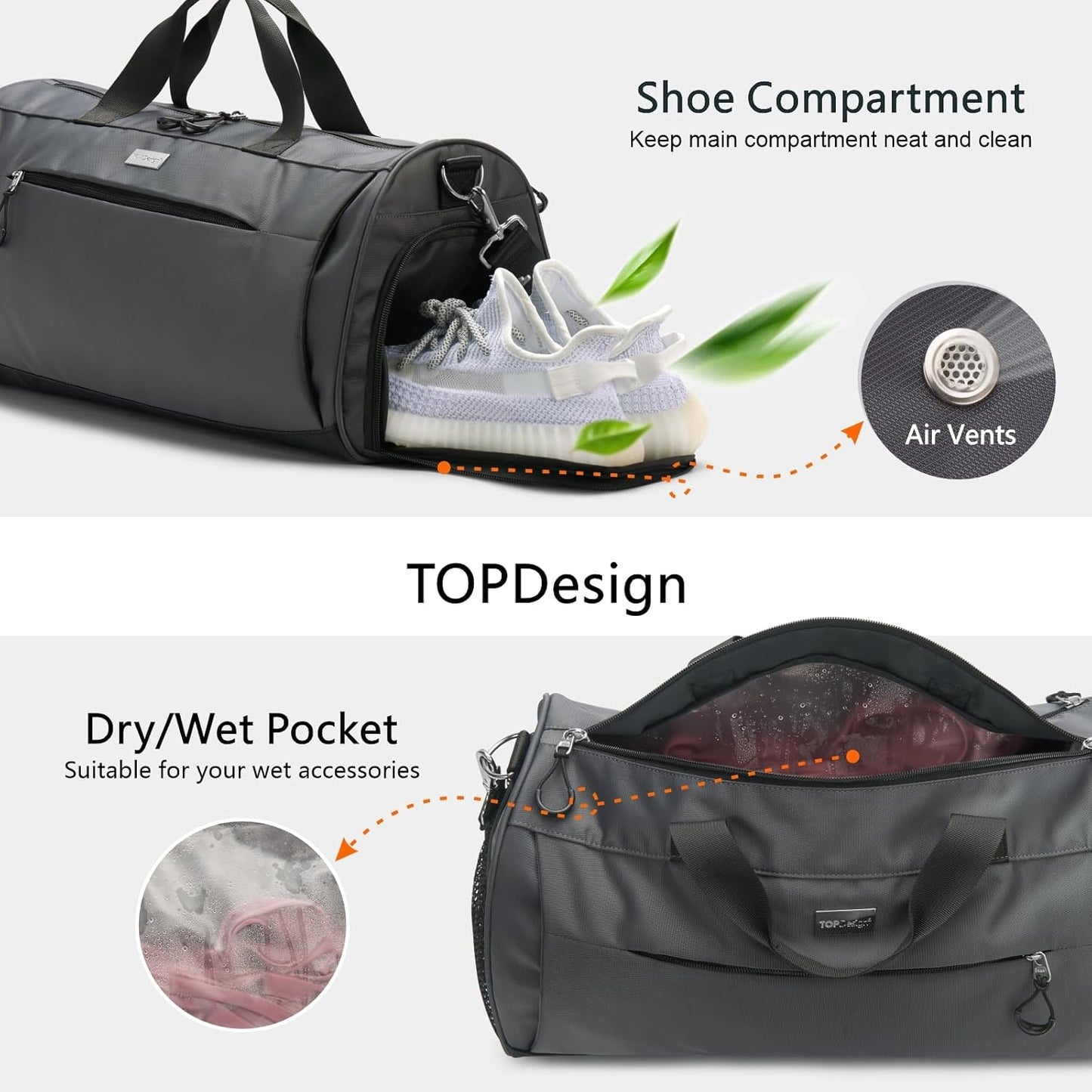 TOPDesign Gym Bag for Women & Men, Unisex Duffel Bag with Shoe Compartment & Wet Pocket for Travel Sports Gym (L Grey)