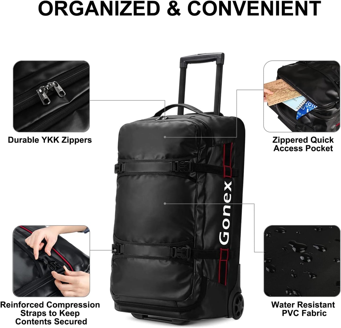 Gonex Rolling Duffle Bag with Wheels, 70L Water Repellent Wheeled Travel Duffel Luggage with Rollers 25 inch, Black