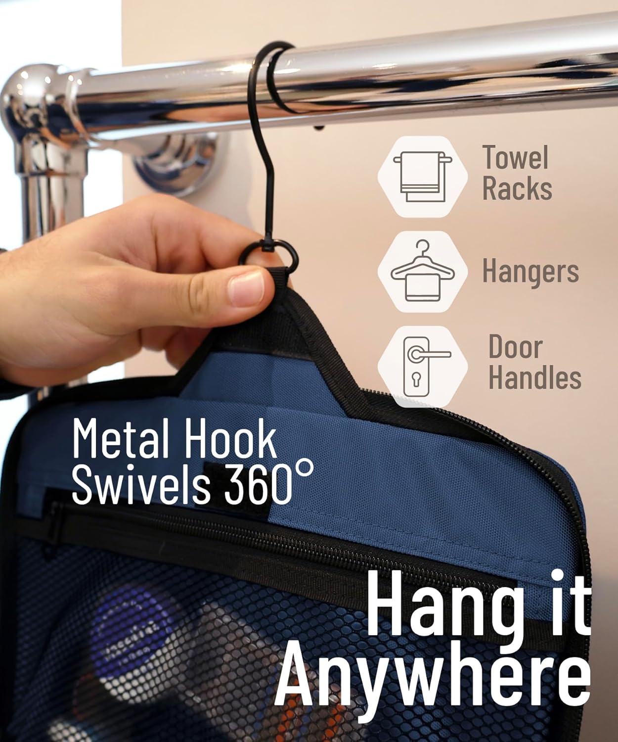 D&D Hanging Travel Toiletry Bag for Men and Women – Extra Large Hanging Shower Bag Toiletries Organizer Kit with 10 Compartments, Quality Zippers, XXL Metal Swivel Hook, Water-Resistant Nylon