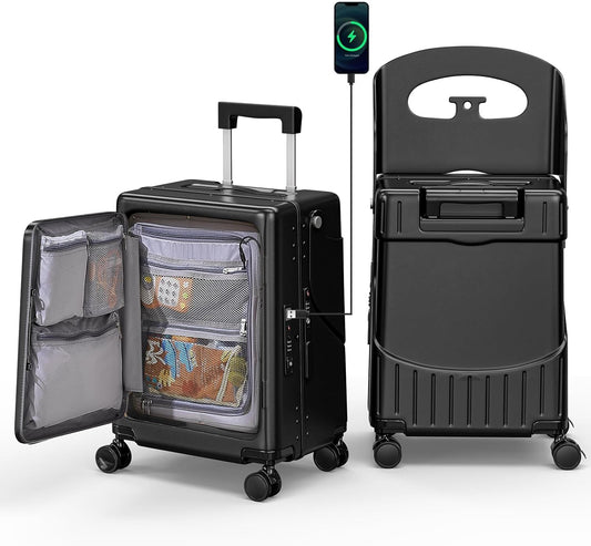 Hardshell Carry On Suitcase with Child Seat, Black Travel Luggage with Front Compartment & 4 Lockable Spinner Wheels, TSA Lock, USB Port, Luggage Cover, Safty Seatbelt (Front-Opening Black, 20 Inch)