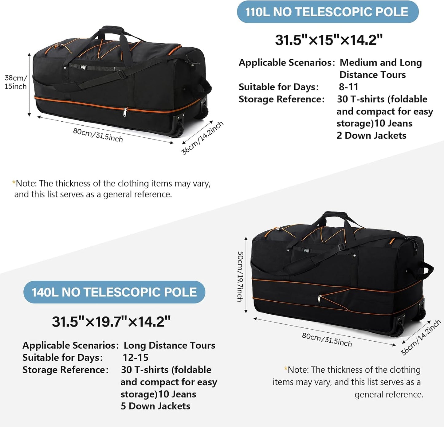 Rolling Duffle Bag with Wheels,110L/140L Expandable Soft-Sided Foldable Duffle Bag with 2 Rubber Wheels,Packable 32” Rolling Carry-On with Multi-Pockets & Compartments (Black Orange)