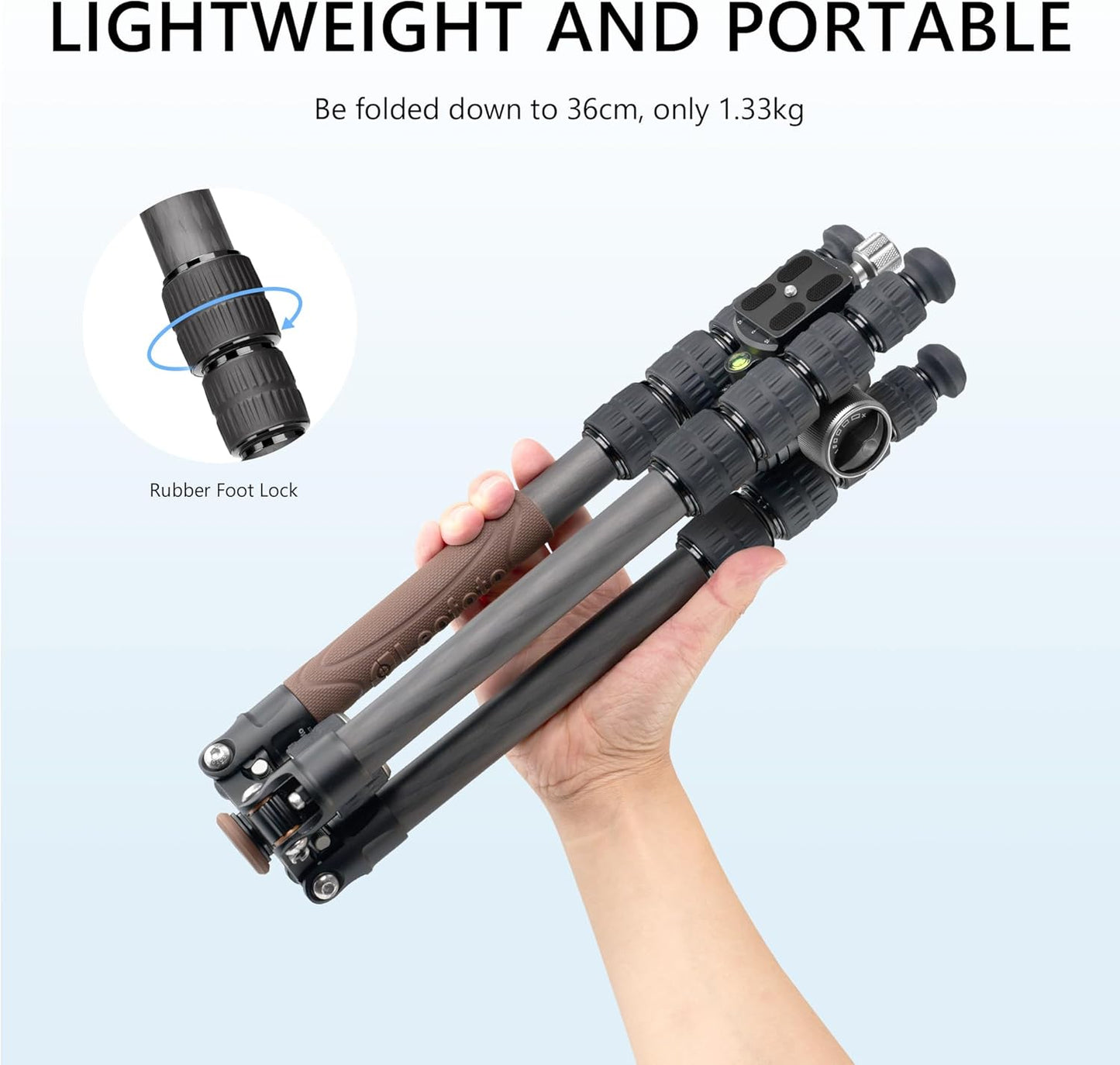 Carbon Fiber Lightweight Travel Tripod with 360° Ball Head, Reverse Folding, Removable Center Column, Folded Height 36cm, Maximum Load 8KG