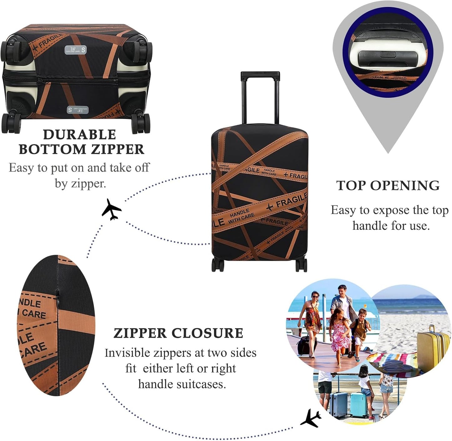 Explore Land Travel Luggage Cover Suitcase Protector Fits 18-22 Inch Case (Gold Fragile, S)