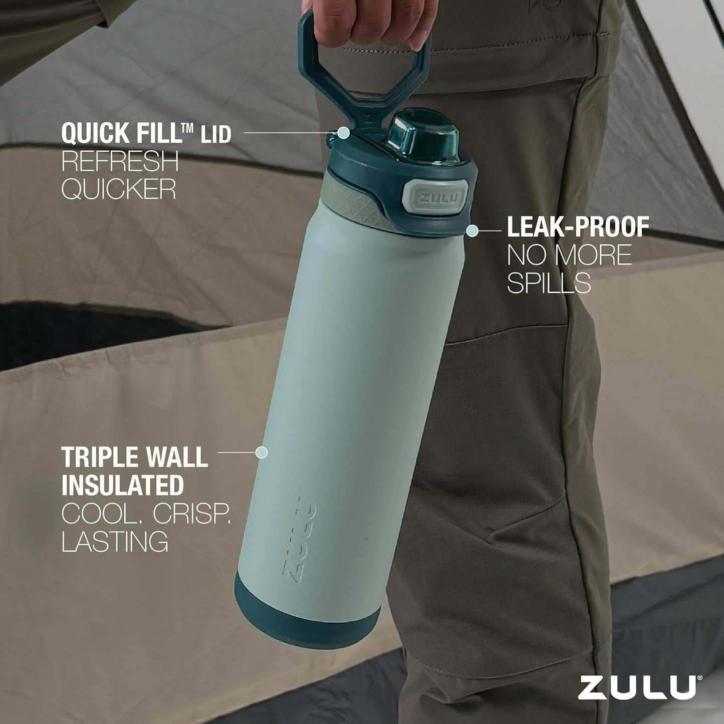 ZULU Powerfill Pro 24oz Stainless Steel Water Bottle with Quick Fill Lid, Triple Walled Vacuum Insulated Metal, Leak Proof Locking Lid, Sip and Chug, Reusable BPA Free, Evergreen