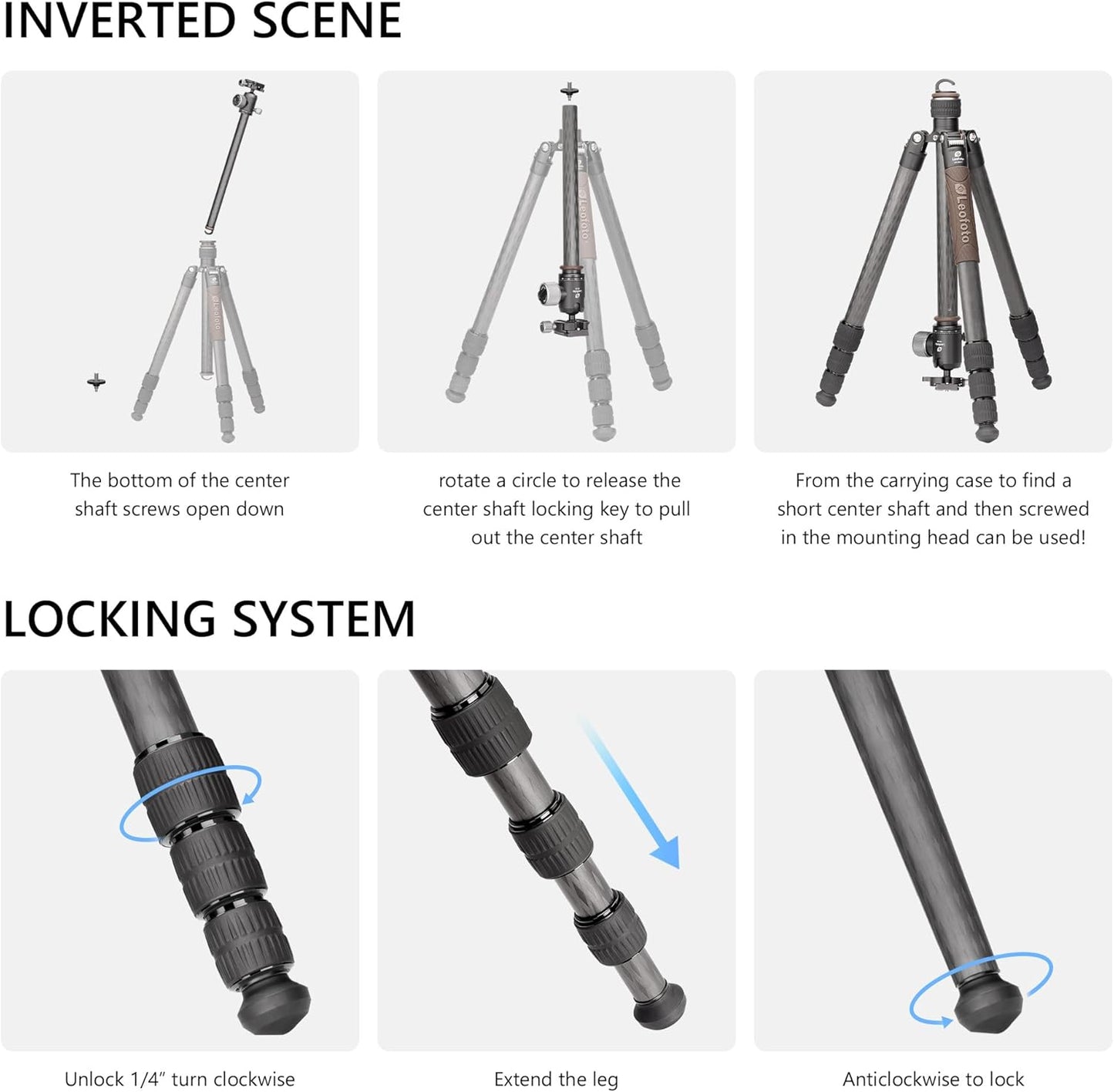Portable Travel Tripod, Carbon Fiber Camera Tripod with Ball Head, with 360° Detachable Center Column, Folded Length 485mm, Max Load 15kg, Max. Height 1735mm (LX-324CT+XB-38)