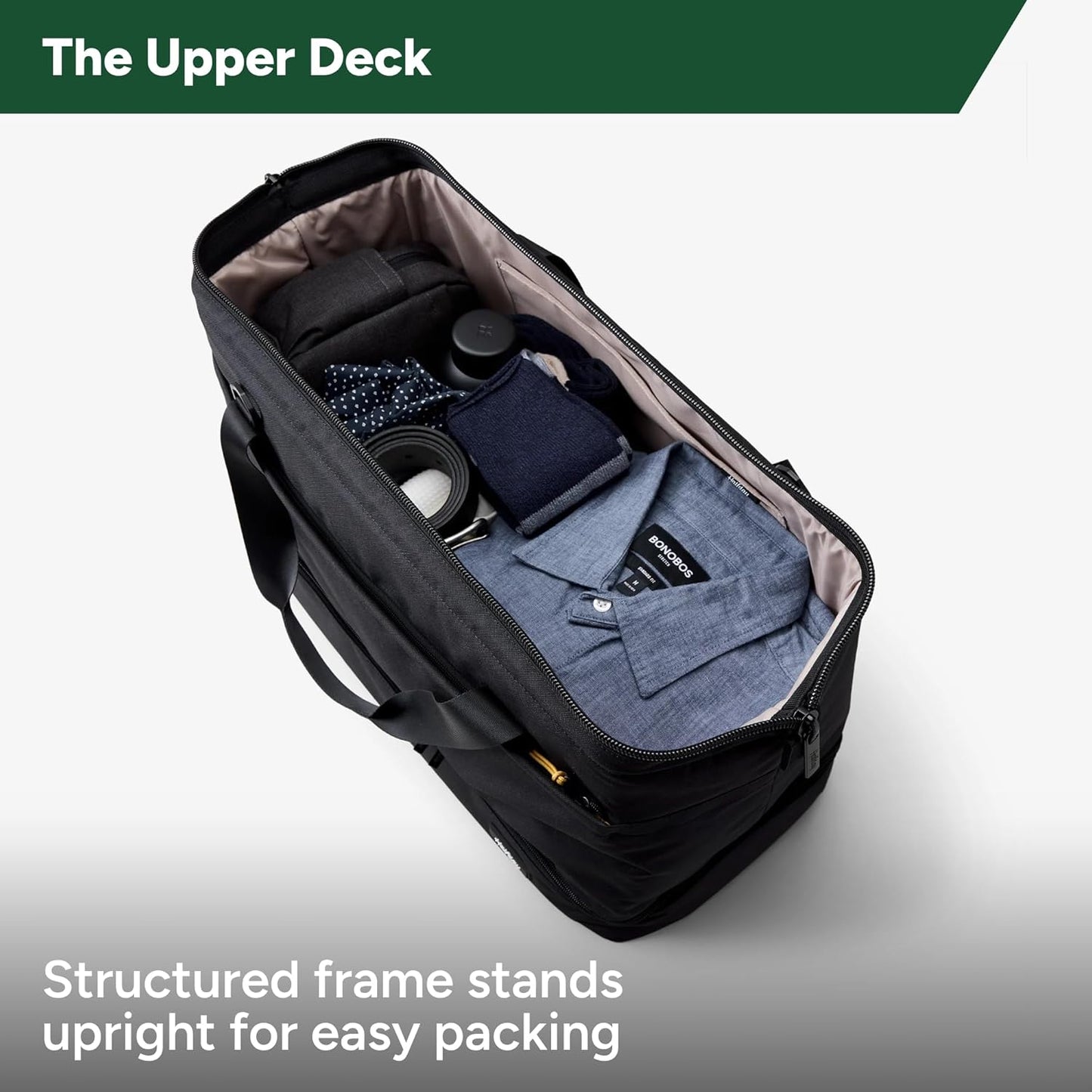 Halfday Double Decker Weekender Bag 40L | Designed for Easy Packing & Storage (Padded Strap, Zippered Bottom Compartment, Interior Mesh Pockets, Trolley Sleeve, Water-Resistant Fabric), Jet