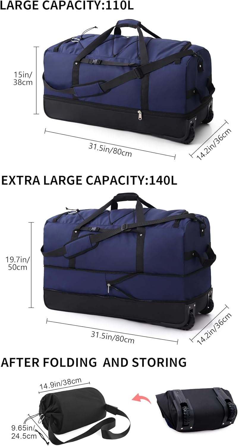 CONTAIL 32”110L Expandable 140L Rolling Duffle Bag with 2 Inline Wheels,Convertible Weekend Travel Bag with Bungee-Cord System,Navy