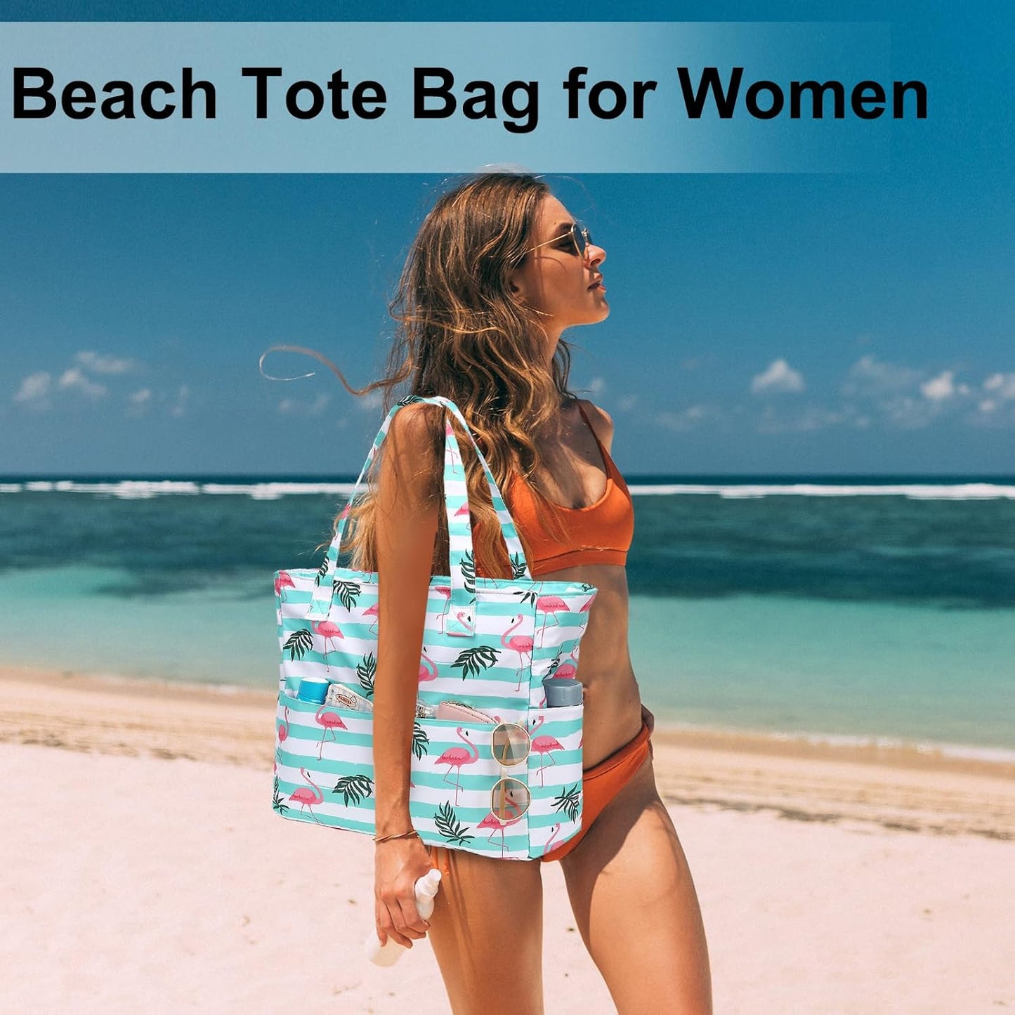 LEDAOU Beach Bag Waterproof Sandproof Women Tote Bag Pool Bag with Zipper for Gym Grocery Travel with Wet Pocket