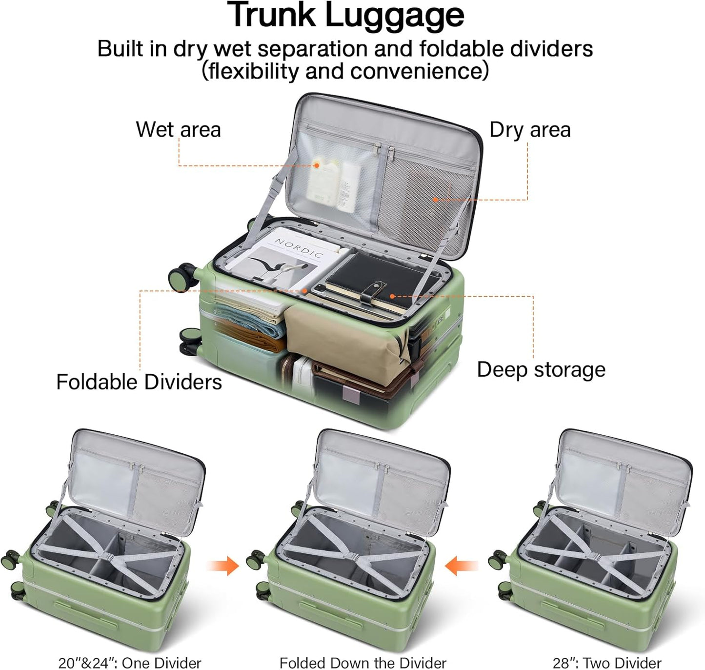 Hanke 28 Inch Luggage with Cup Holder and Charge,Top Opening Hard Shell Suitcases with Wheels and Dividers,Aluminum Frame Trunk Luggage Extra Large Suitcase with Lock for Travel，Bamboo Green