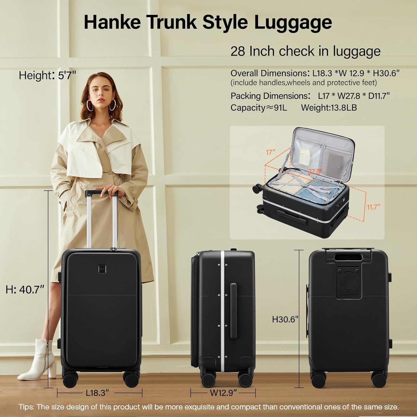 Hanke 28 Inch Luggage with Cup Holder and Charge,Top Opening Hard Shell Suitcases with Wheels and Dividers,Aluminum Frame Trunk Luggage Extra Large Suitcase with Lock for Travel，Jet Black
