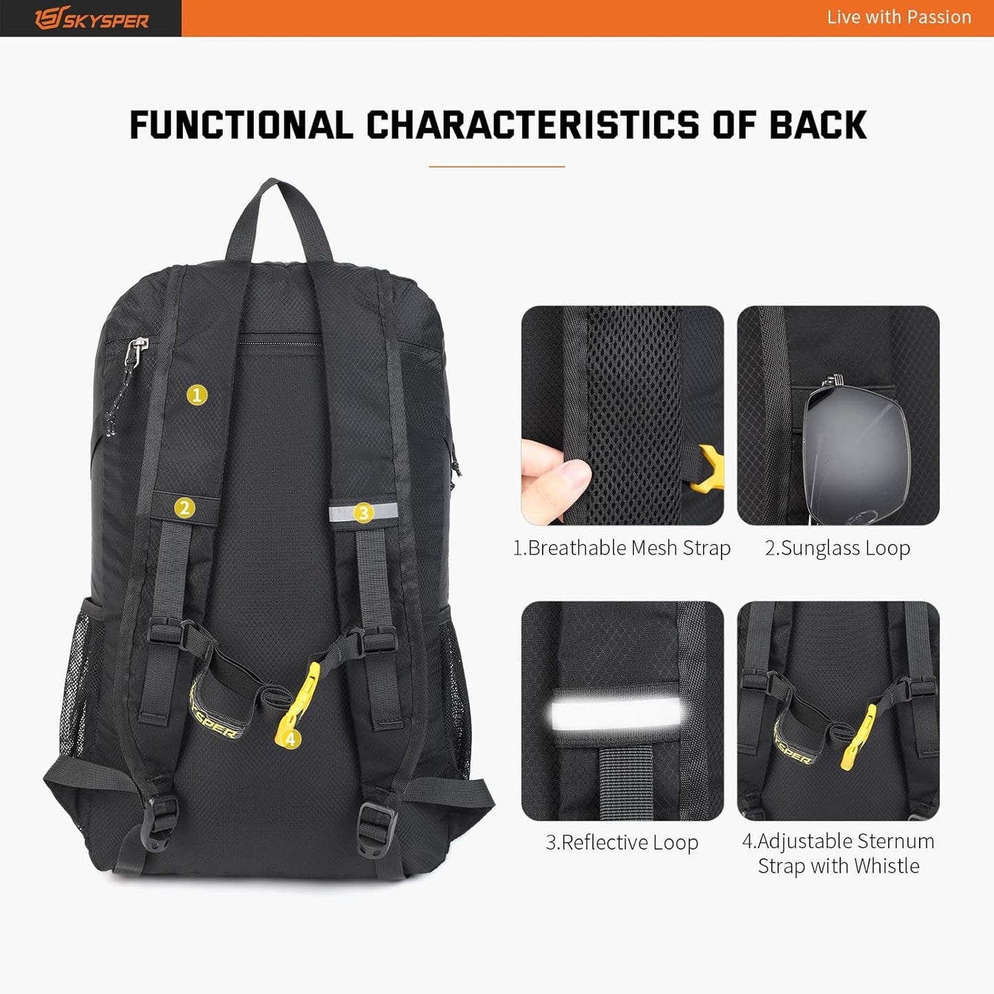 SKYSPER Lightweight Packable Backpack - 30L Hiking Daypack with Wet Pocket Foldable Travel Carry-on Backpack for Women Men