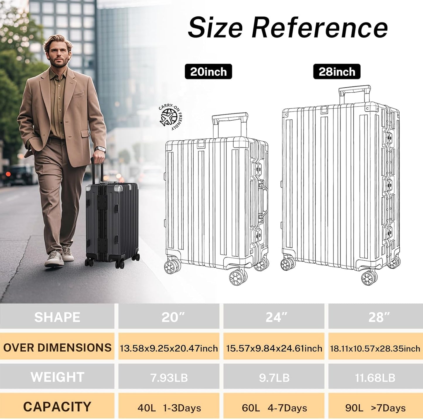 Krute Carry On Luggage 20 inch Aluminum Frame Suitcase with Spinner Wheels No Zipper Hardshell PC+ABS Luggages TSA Lock Zipperless Suitcases