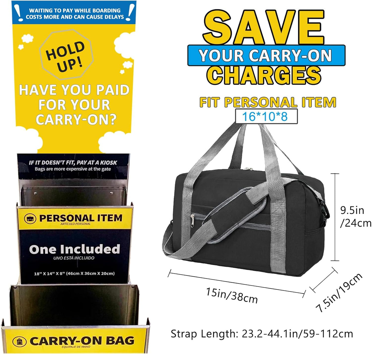 For Spirit Airlines Personal Item Bag 16x10x8 in Underseat Carry-on Luggage foldable Travel Duffle Bag for Airplanes(20L, Black)