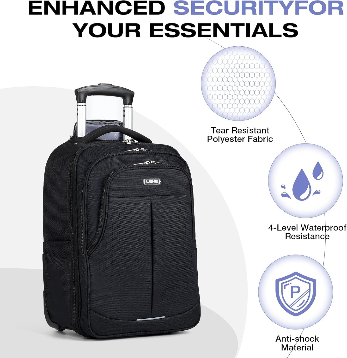 Rolling Backpack for Adults,18 Inch Waterproof Carry-on Back pack with Wheels, Wheeled Carry-on Luggage, Travel Bag for Men Women， Trolley Laptop Backpacks, Black Large