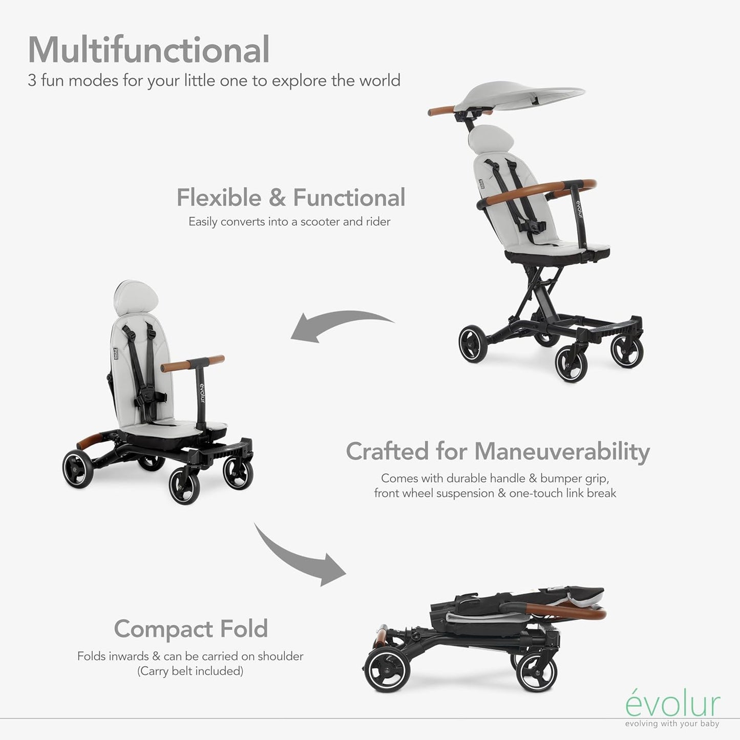 Evolur Cruise Rider Stroller with Canopy, Lightweight Umbrella Stroller with Compact Fold, Easy to Carry Travel Stroller - Koala Gray
