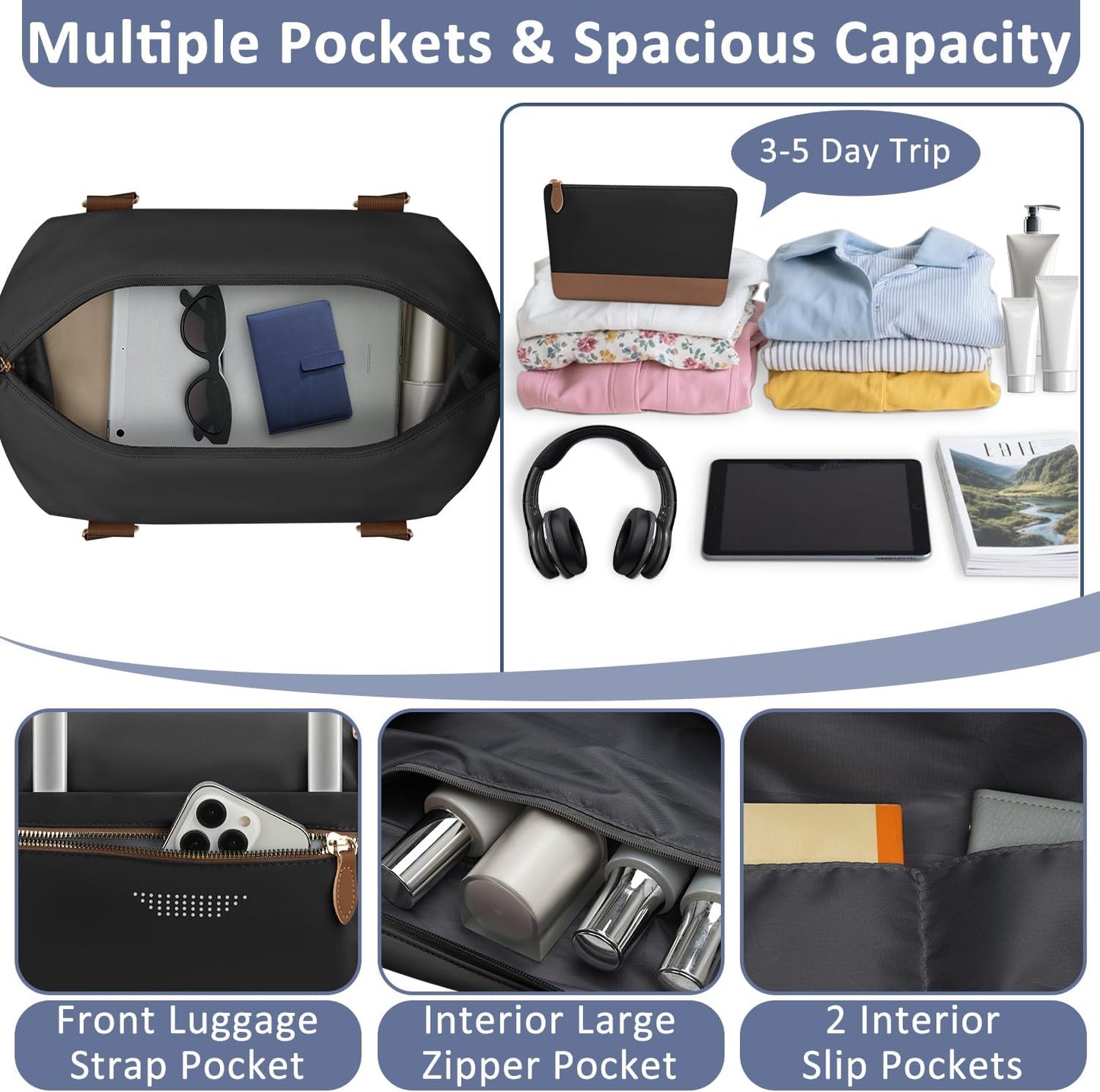 Travel Duffle Bag for Women, Weekender Bags, Hospital Bag for Labor Delivery, Lightweight Tote Duffel Overnight Bag with Luggage Sleeve, Airplane Travel Bags with Toiletry Bag, Large, Black