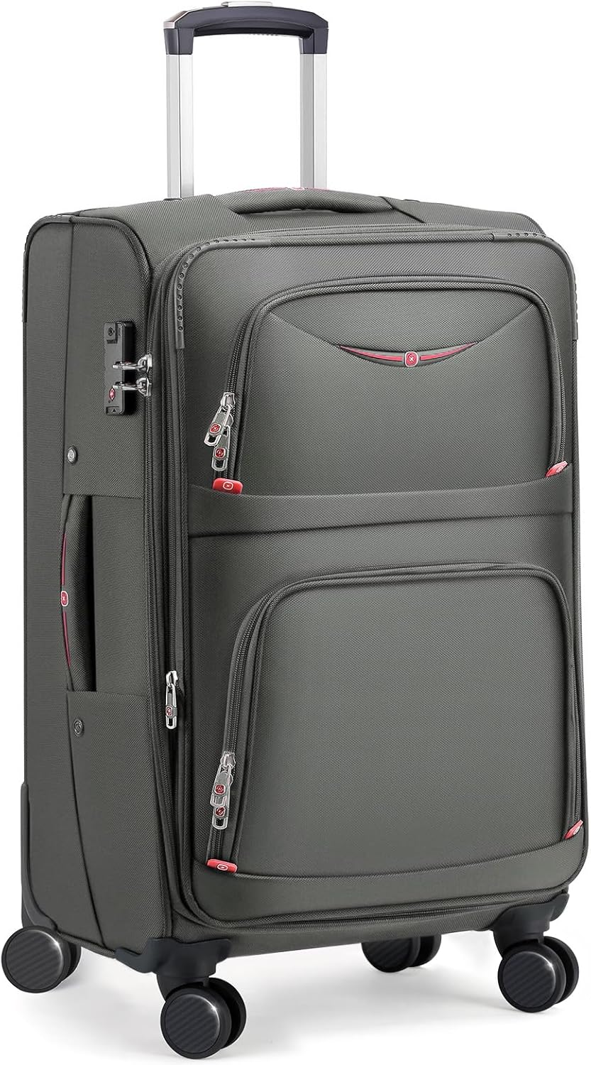 Softside Expandable Luggage with 4 Spinner Wheels, Durable Checked-Luggage Suicase (Gray, 25-Inch)