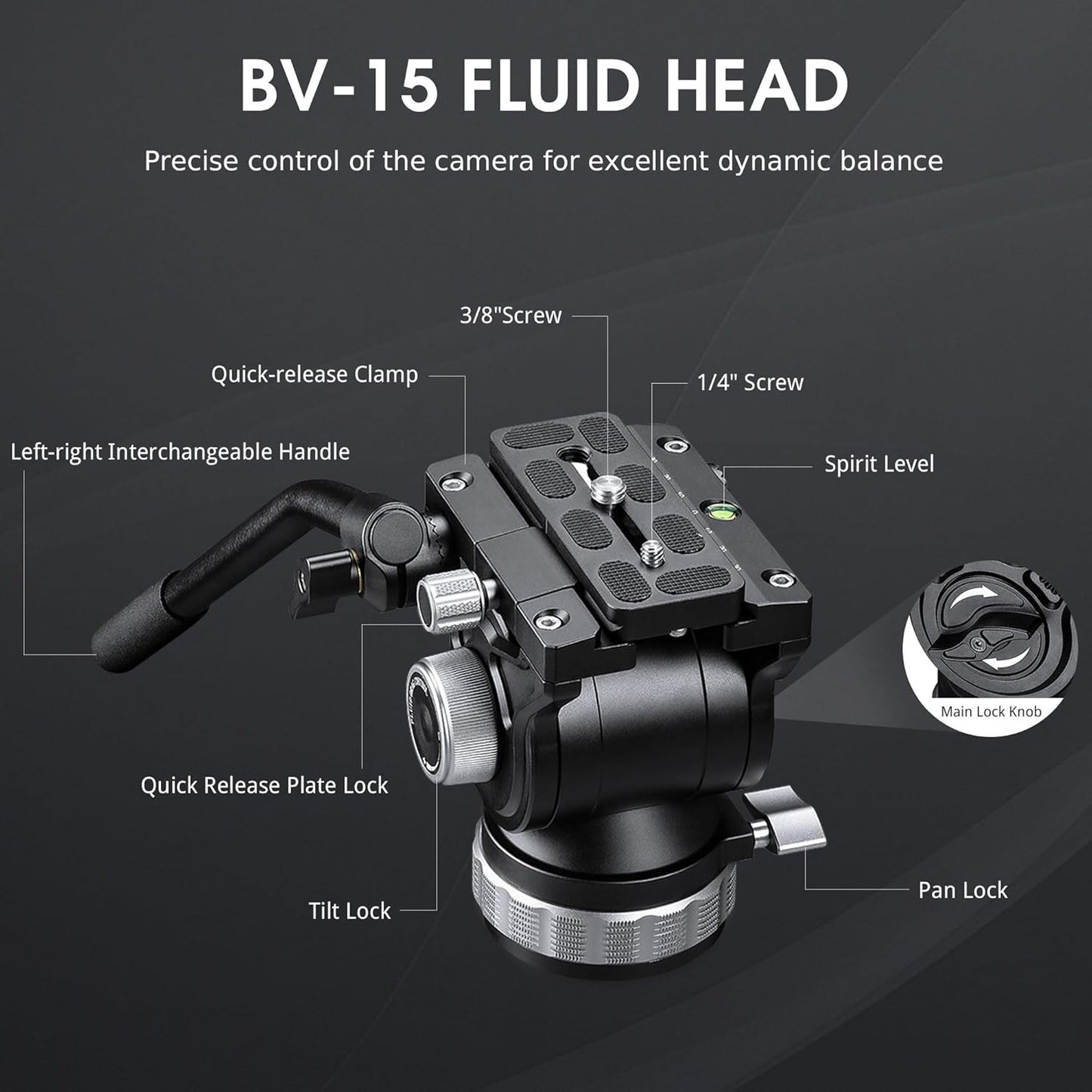 Heavy Duty Carbon Fiber Tripod with Fluid Head, One-Step Unlock System, with Removable Handle and Center Spreader, MaxLoad 8 KG/17.64 LB, Balanced Load 3 KG/6.61 LB (LVF-163C+BV-15)