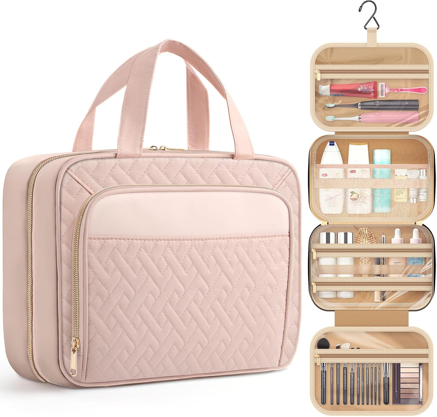 HOTOR Travel Toiletry Bag for Women & Men, Waterproof Makeup Bag with Hanging Hook and Multiple Pockets, Cosmetic Bags for Women, Travel Essentials, 12.6'' x 4.3'' x 9.9'', Pale Pink