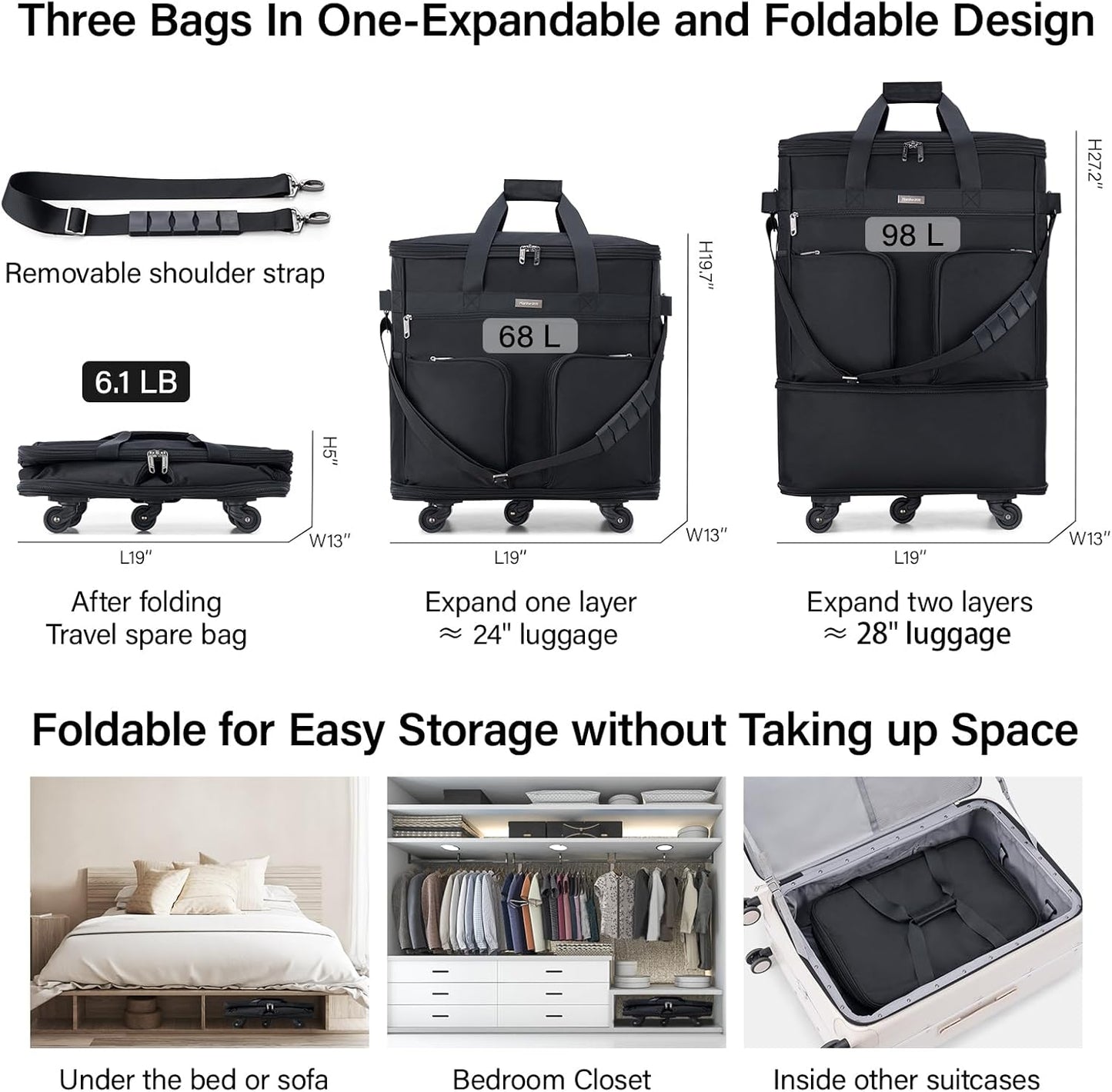 Hanke Expandable Collapsible Luggage with Wheels Suitcase Luggage Rolling Travel Bag Duffel Bag for Men Women Lightweight Suitcase Large Capacity Luggage with Spinner Wheel (Black)