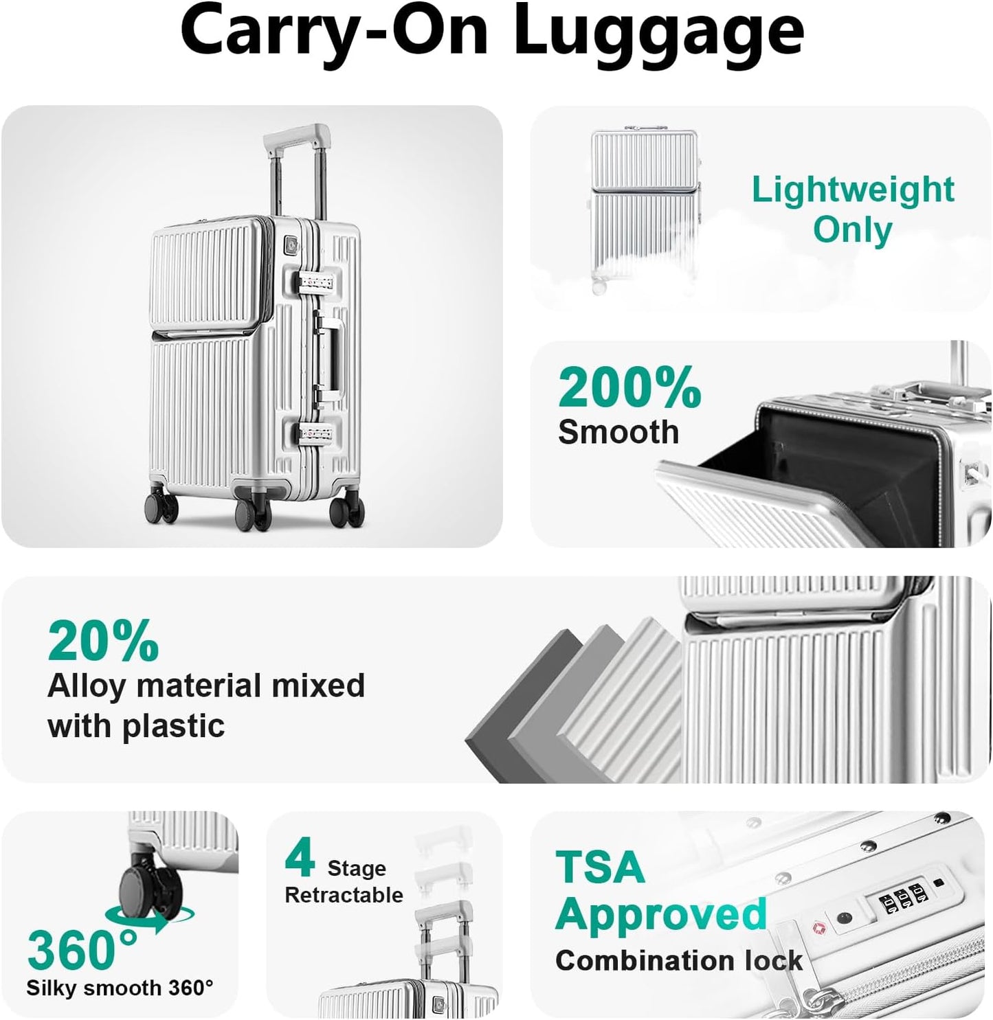 Hard Shell Luggage 20 Inch Travel Suitcase, 22x14x9 Airline Approved with TSA Lock, ABS Aluminum Frame, Lightweight Travel Luggage 20'' 24'' 26'' Carry-on Luggage (Upgraded Silver, 20 Inch)