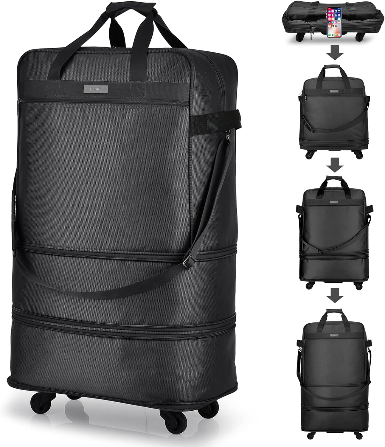 Hanke Suitcases with Wheels Expandable Foldable Luggage Bag Suitcase Collapsible Rolling Travel Bag Duffel Bag for Men Women Lightweight Suitcases without Telescoping Handle, Black