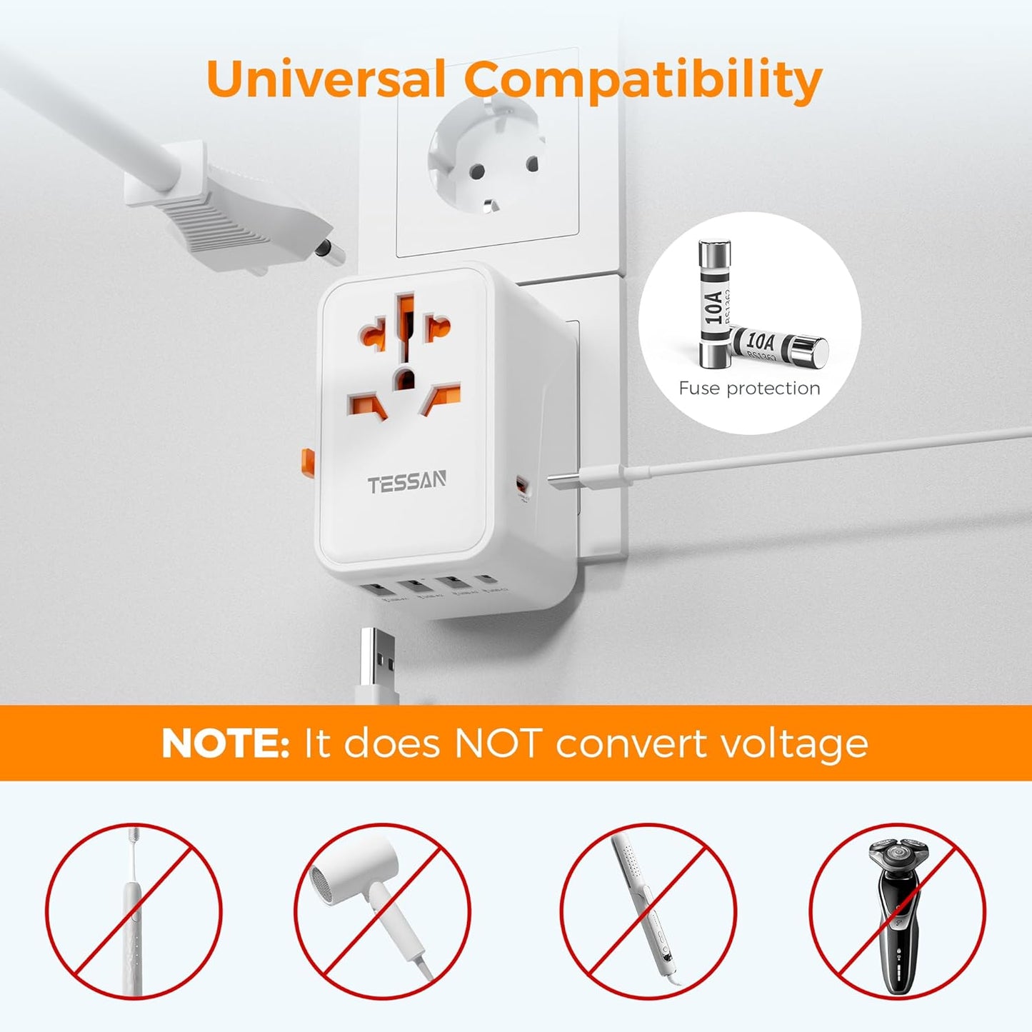 TESSAN Universal Travel Adapter, 45W International Plug Adaptor with 2 USB C 3 USB A Ports, Travel Worldwide Power Outlet for US to European EU UK AUS Ireland(Type C/G/A/I)