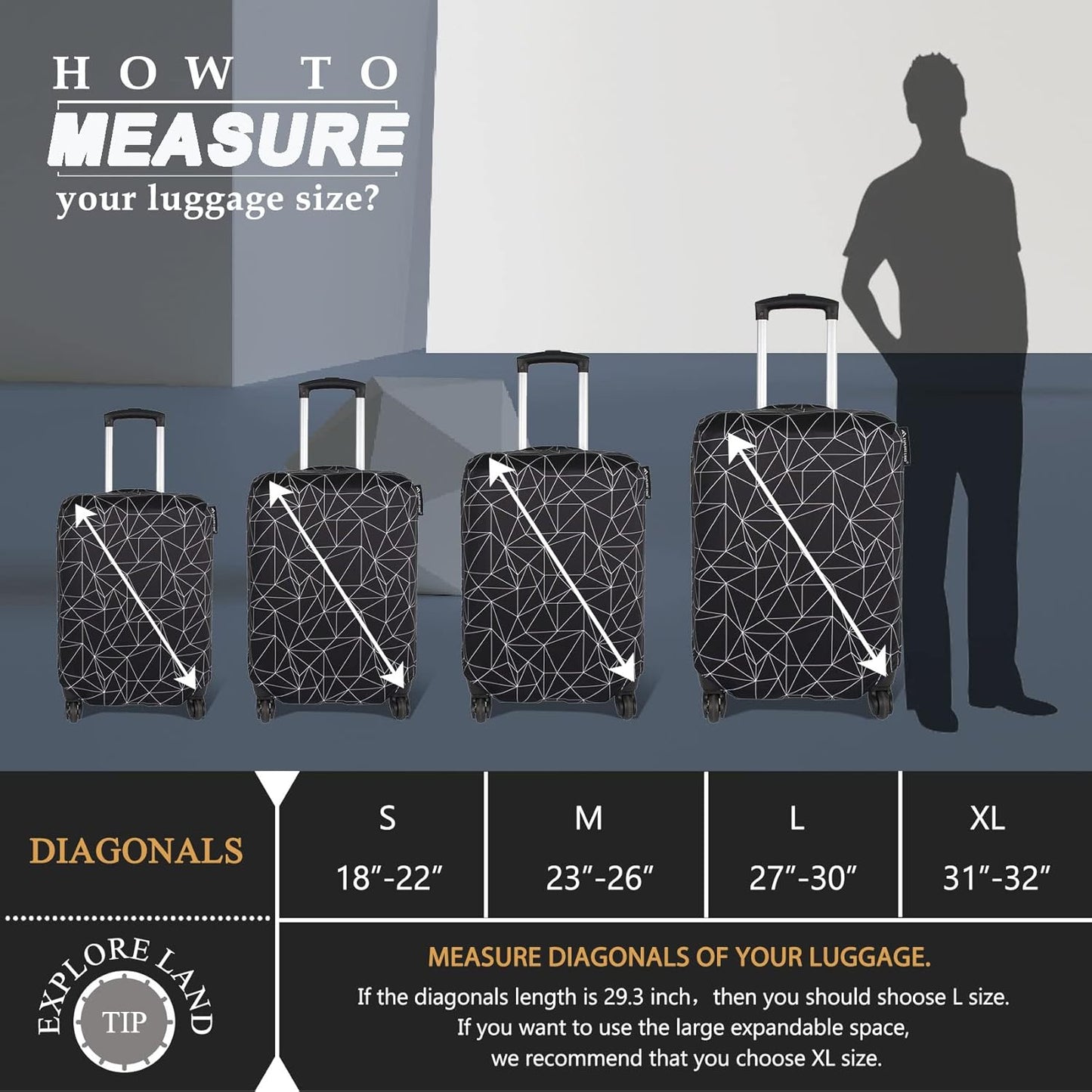 Explore Land Travel Luggage Cover Suitcase Protector Fits 27-30 Inch Case (Black Polygonal, L)