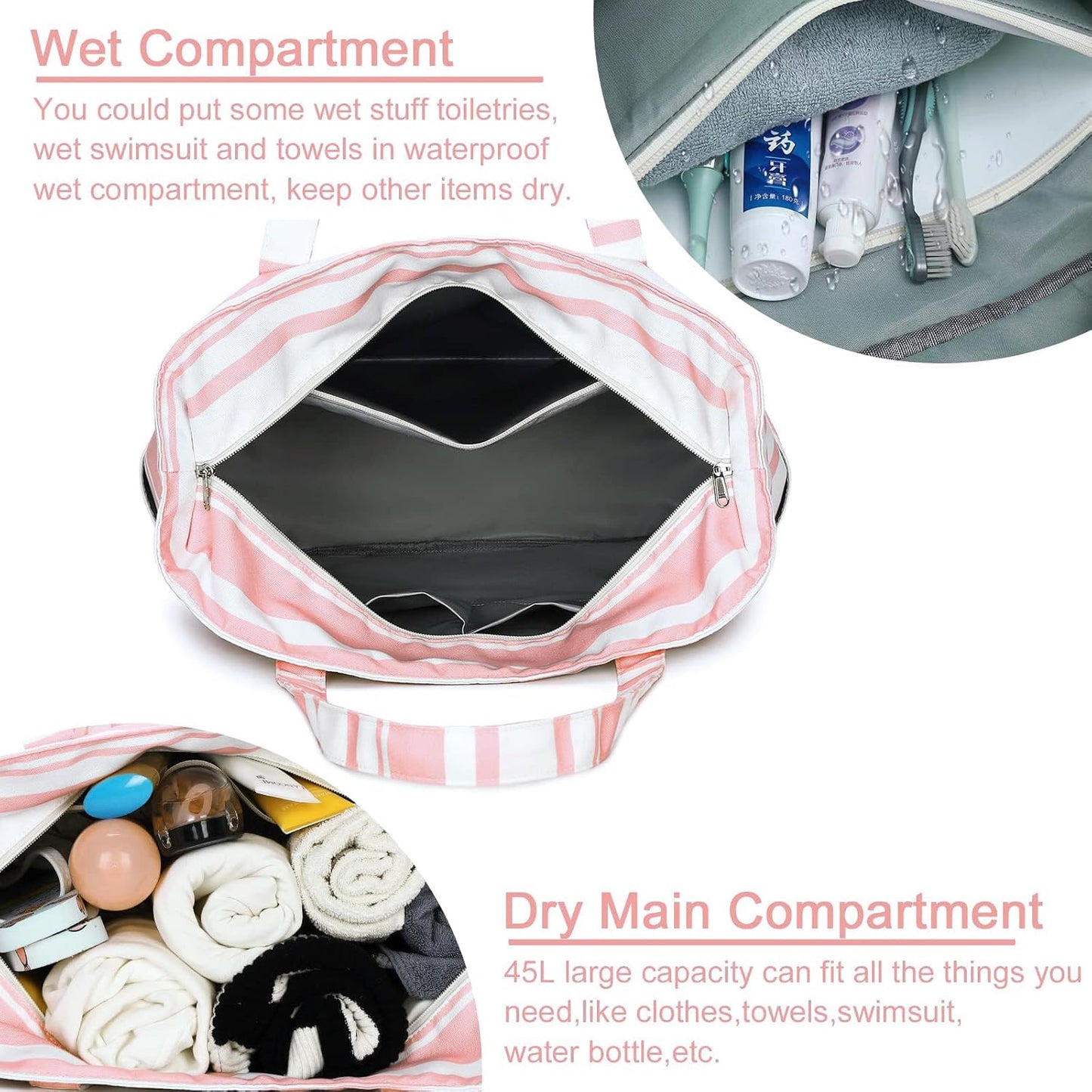 LEDAOU Beach Bag Waterproof Sandproof Women Tote Bag Pool Bag with Zipper for Gym Grocery Travel with Wet Pocket