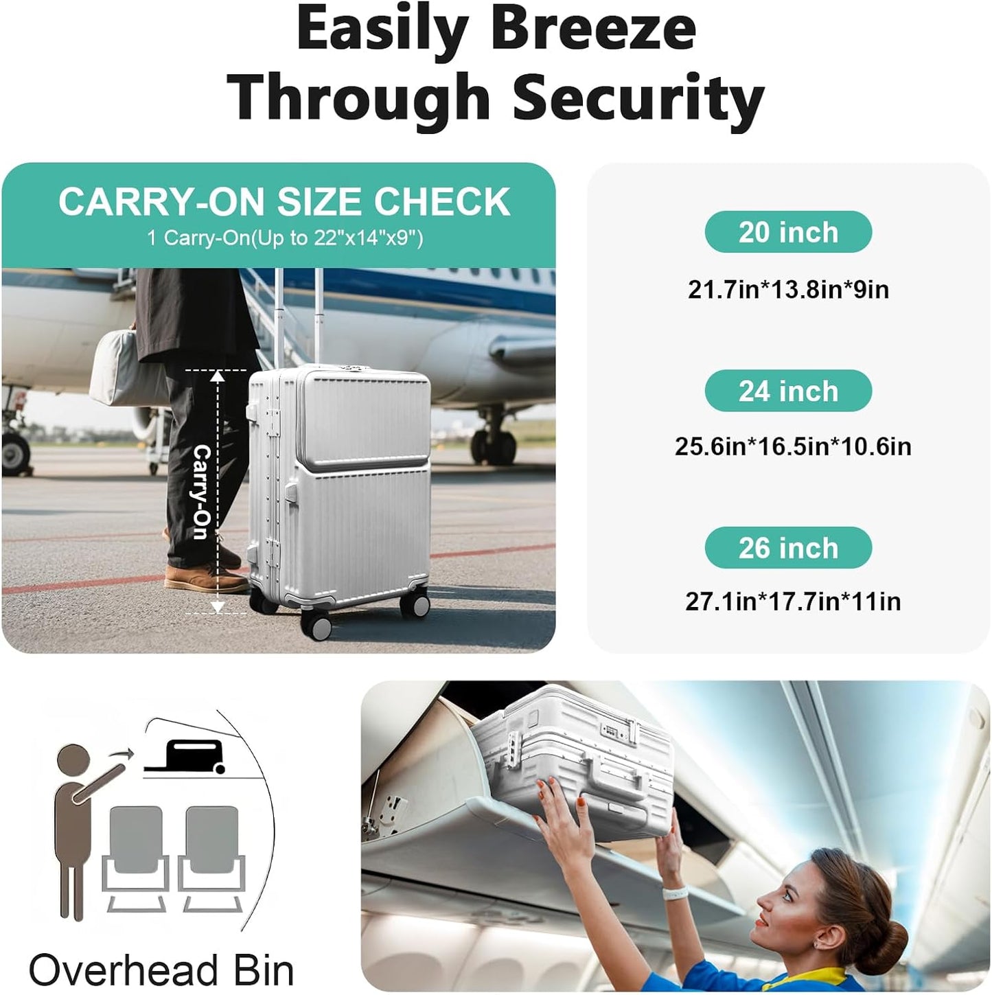 Hard Shell Luggage 20 Inch Travel Suitcase, 22x14x9 Airline Approved with TSA Lock, ABS Aluminum Frame, Lightweight Travel Luggage 20'' 24'' 26'' Carry-on Luggage (Upgraded Silver, 20 Inch)
