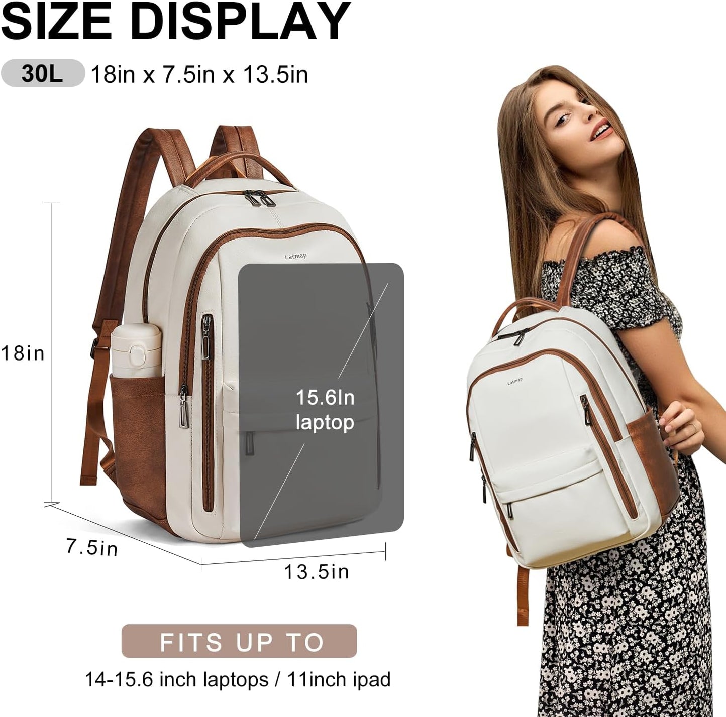 30L Business Laptop Backpack for Women Men, Travel Work Backpack Purse Faux Leather College Bookbag fits 15.6" Laptop - Beige