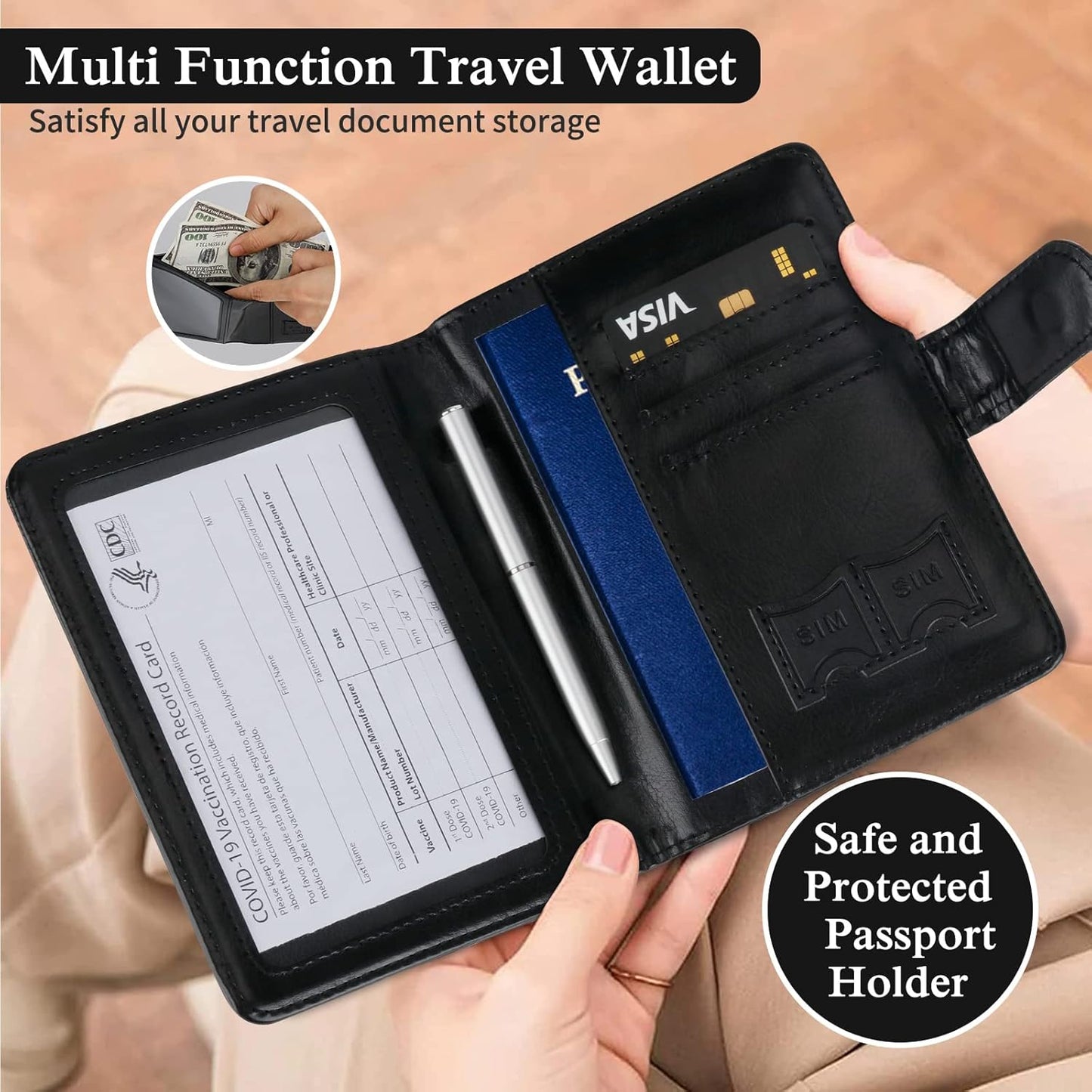 TIGARI Passport Holder for Travel Women Men, PU Leather Waterproof RFID Passport Holder Wallet Cover Case Sleeve, Family Vacation Plane Cruise Travel Document Organizer Essentials-Black