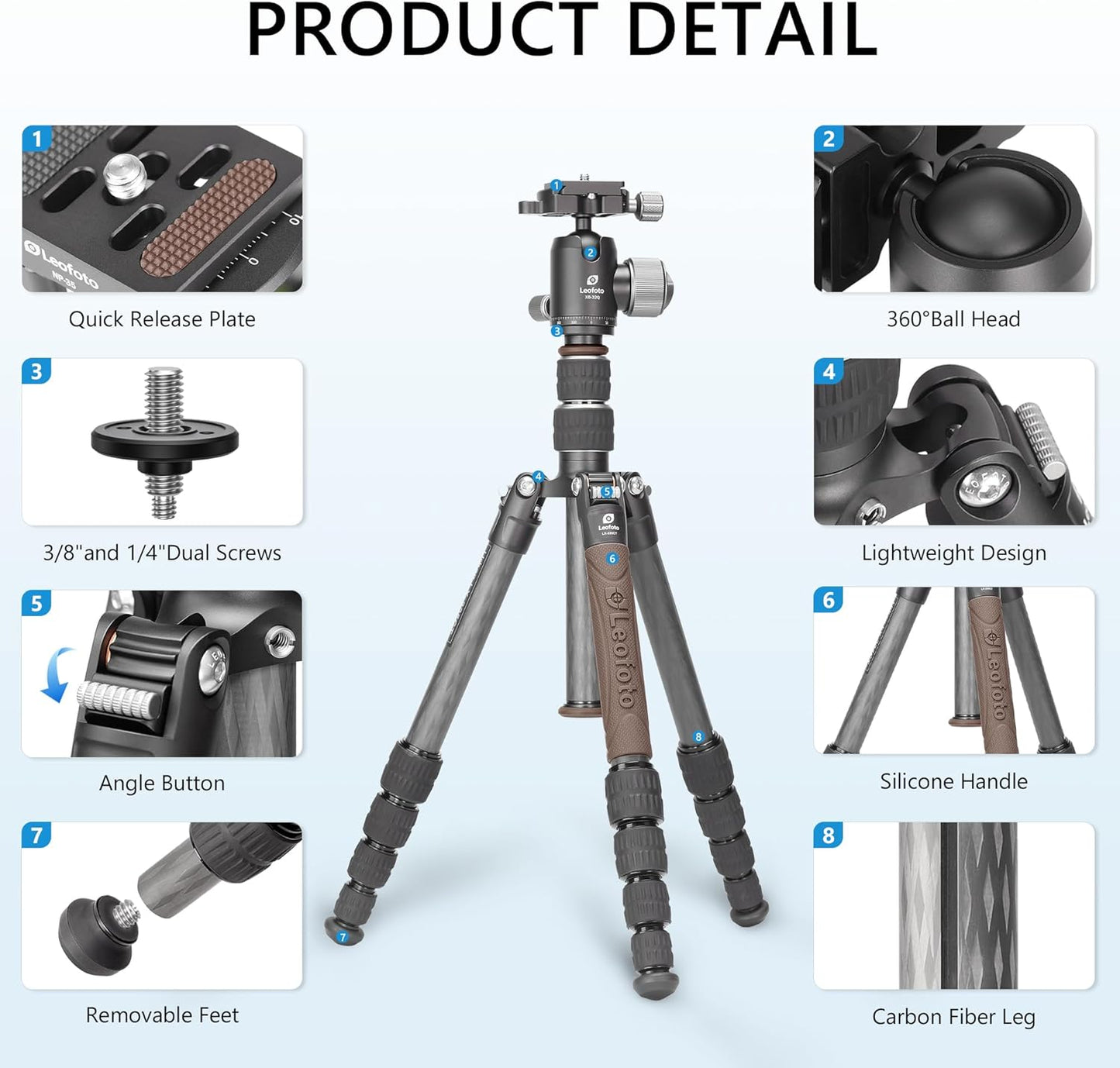 Lightweight Carbon Fiber Reverse Folding Travel Tripod with Ball Head, Removable Center Column, Folded Height 36cm, Maximum Load 6KG（LX-225CT+XB-32Q）