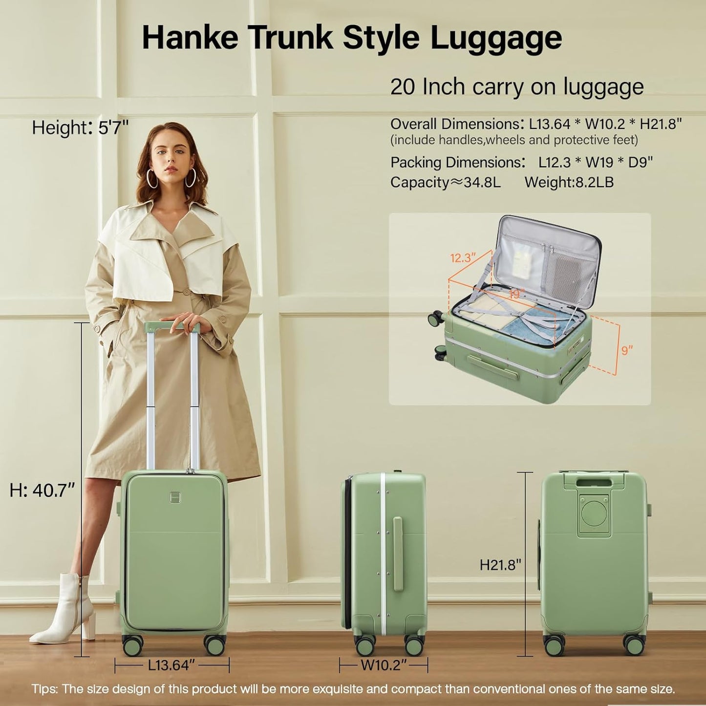 Hanke 20 Inch Carry On Luggage with Cup Holder and Charge,Top Opening Hard Shell Suitcases with Wheels and Dividers,Aluminum Frame Trunk Luggage Small Suitcase with Lock for Travel,Bamboo Green