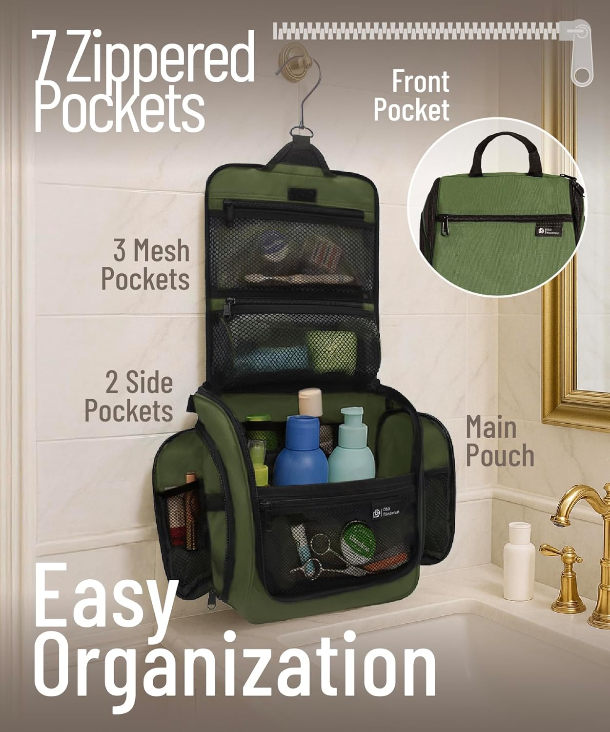 DD D&D Wanderlust D&D Hanging Travel Toiletry Bag for Men and Women – Cosmetics, Makeup and Toiletries Organizer Kit with 10 Compartments, XXL Metal Swivel Hook, Water-Resistant Nylon