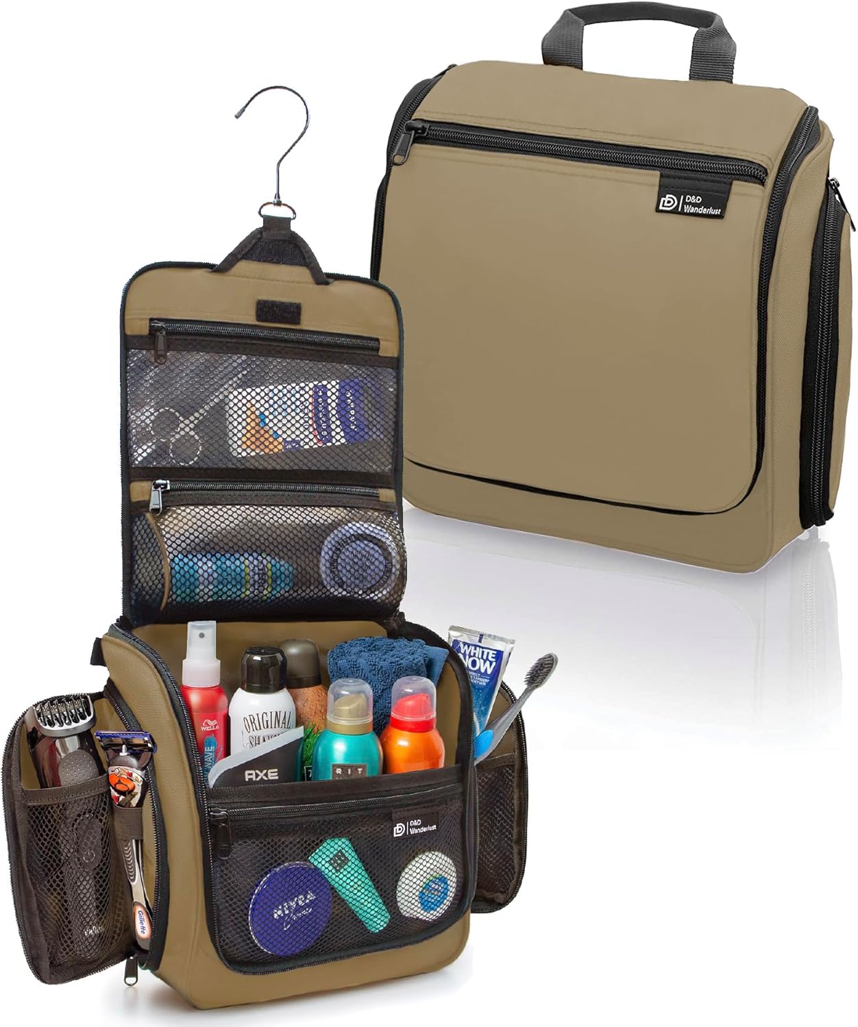 D&D Hanging Travel Toiletry Bag for Men and Women – Cosmetics, Makeup and Toiletries Organizer Kit with 10 Compartments, Quality Zippers, XXL Metal Swivel Hook, Water-Resistant Nylon