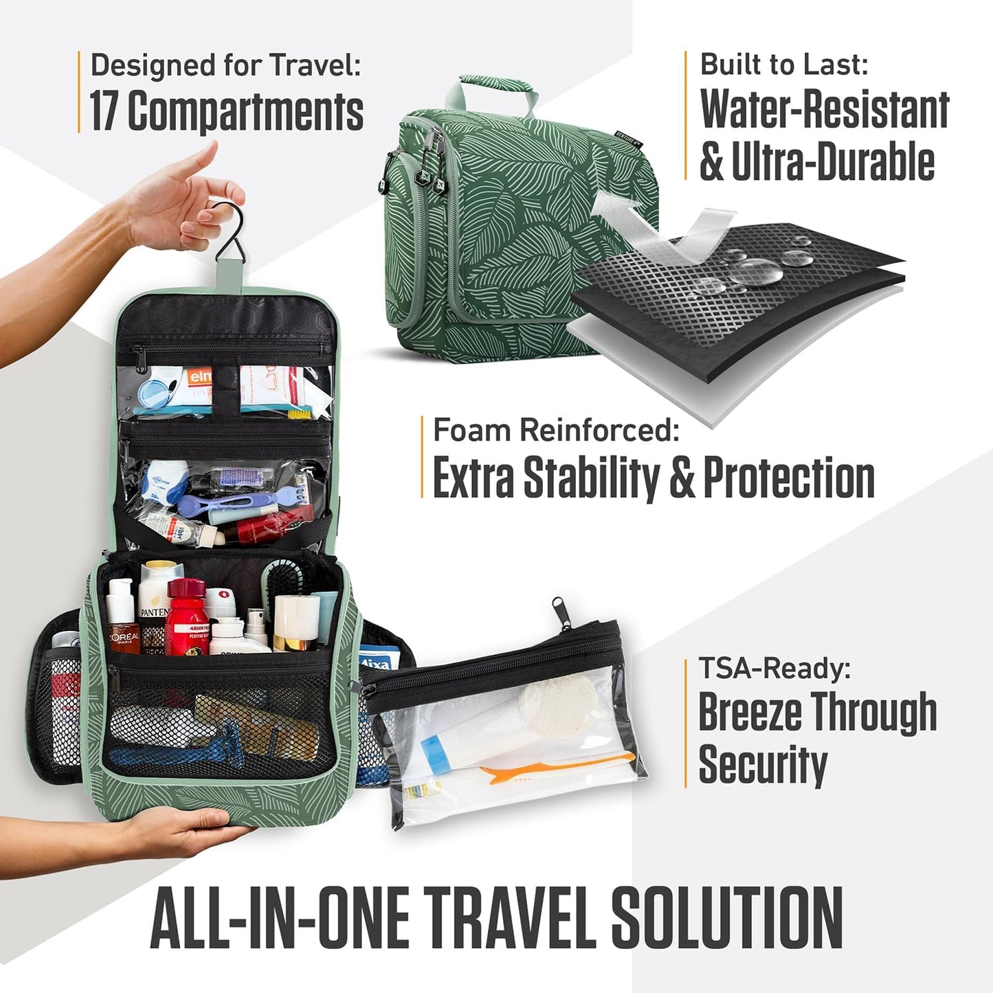 VENTURE 4TH Hanging Travel Toiletry Bag for Women & Men - Travel Organizer with Expandable Compartments & Removable Clear Pouch for Toiletries (Green Leaves)