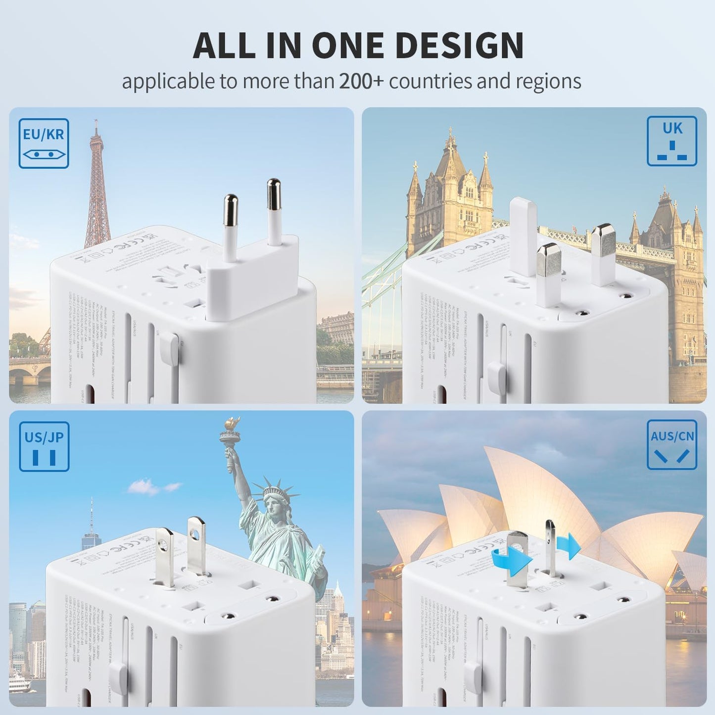 EPICKA Universal Travel Adapter, GaN International Plug Adapter with 3 USB-C 70W PD Fast Charging & 2 USB-A Adaptor All-in-one Wall Charger for USA EU UK AUS (TA-105 Pro, White)