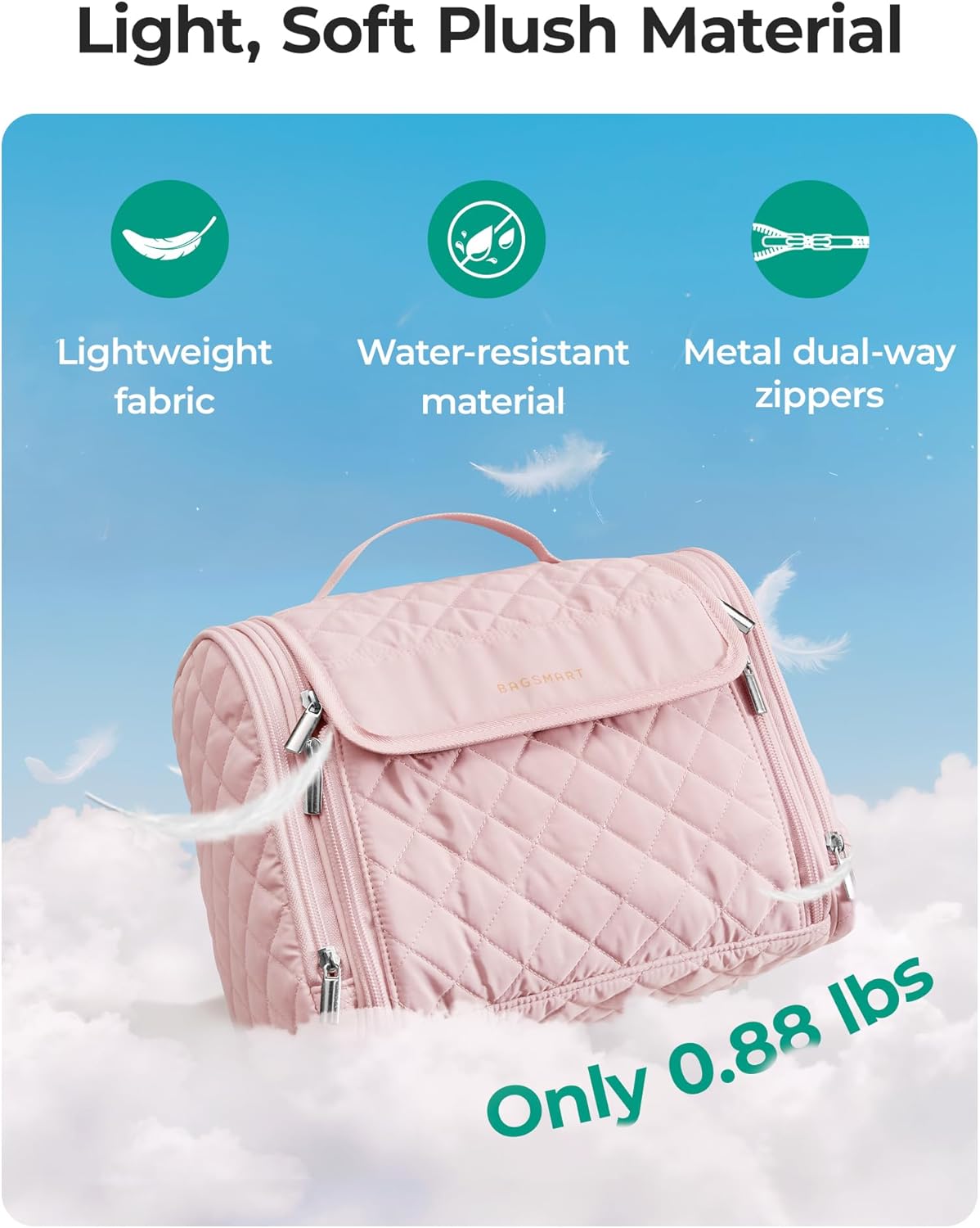 BAGSMART Travel Toiletry Bag, Large Capacity Cosmetic Bags for Women with Hanging Hook, Water-resistant for Toiletries Accessories Brushes Sponge, With Handle