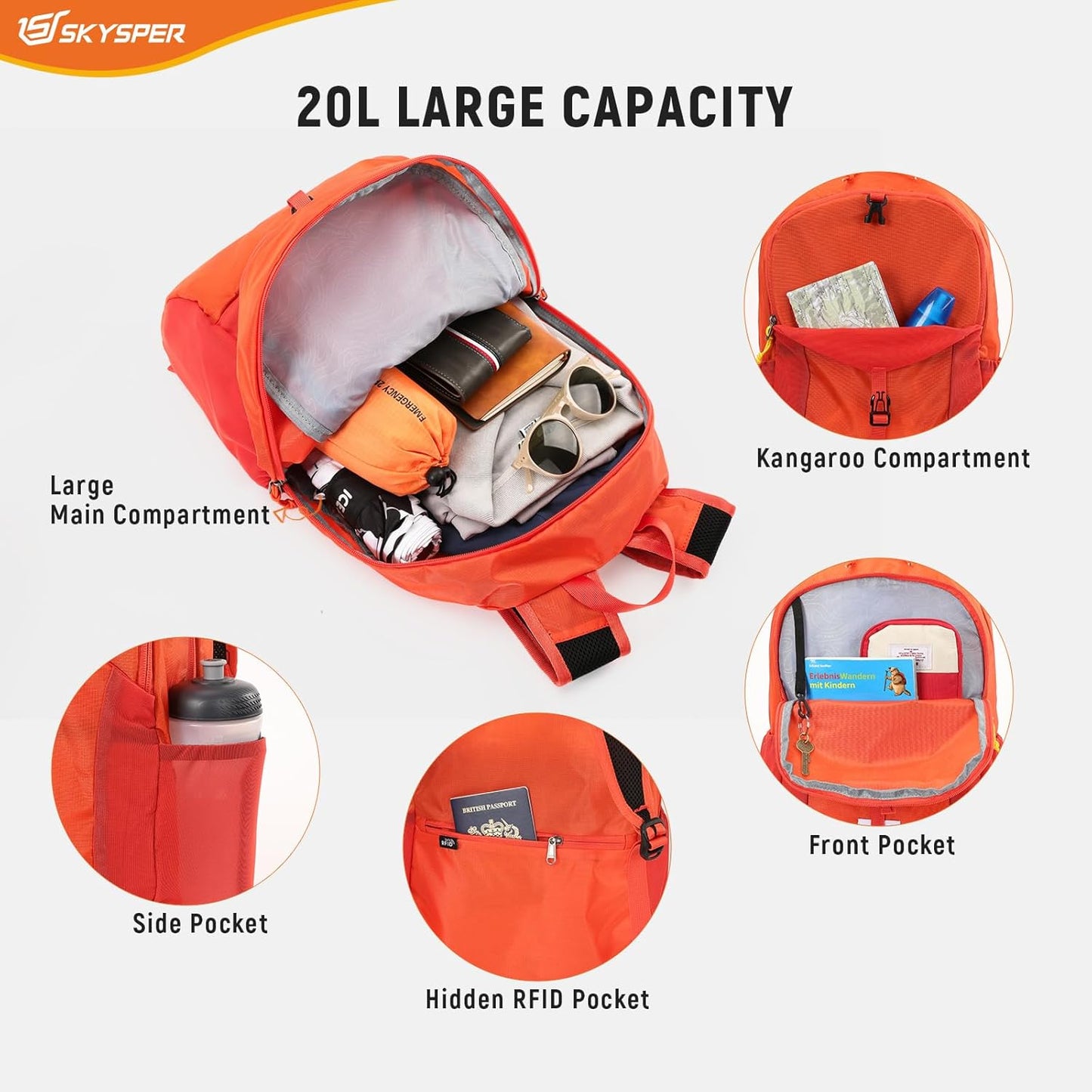 SKYSPER Small Hiking Backpack for Men Women 20L RFID Packable Daypack Ultralight Foldable Back Pack Lightweight Collapsible Travel Day Pack