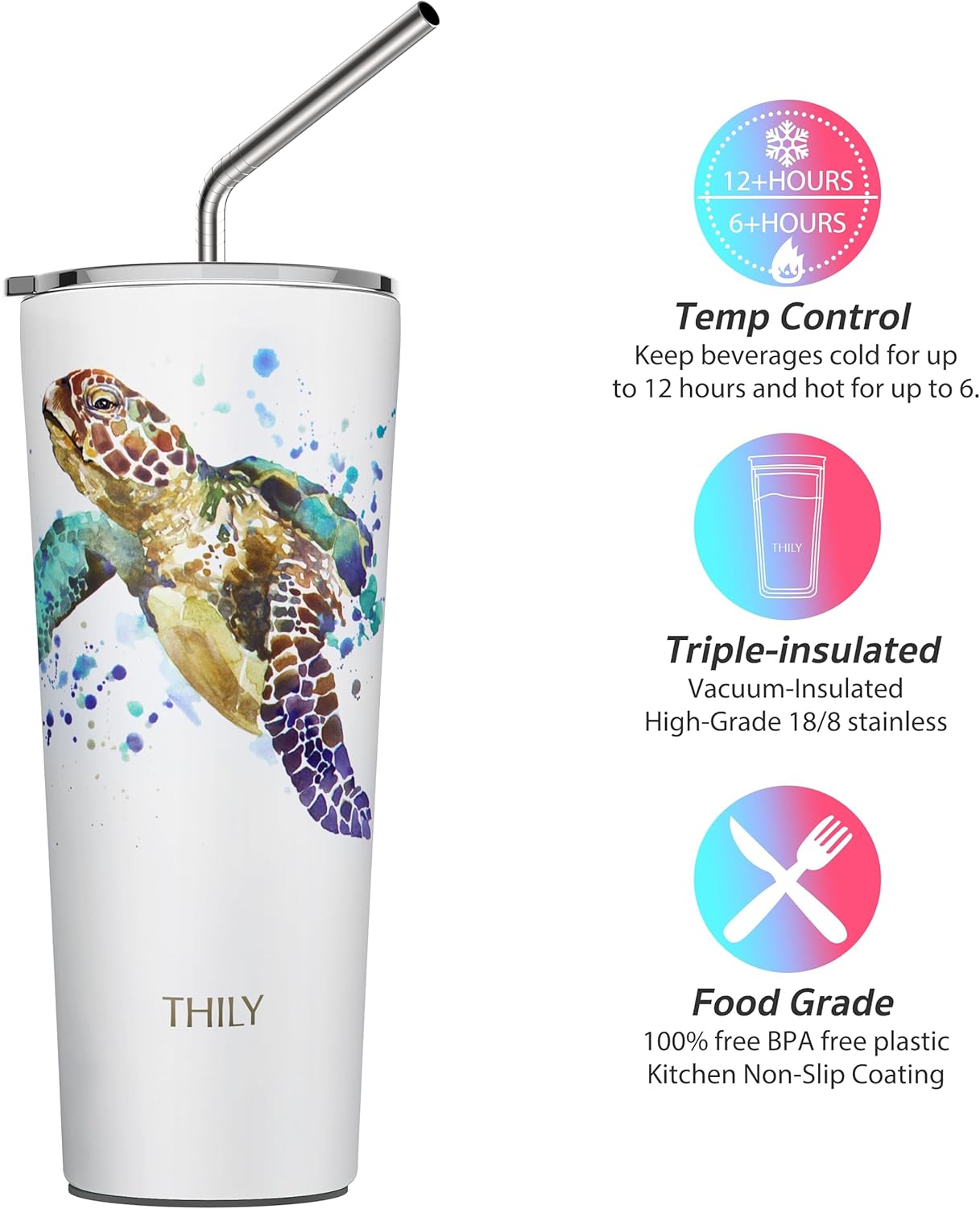 THILY Stainless Steel Vacuum Insulated Tumbler Travel Mug 26 oz Coffee Cup with 2 Lids and Straws, Splash Proof, Keep Ice Drinks Cold, Sea Turtle