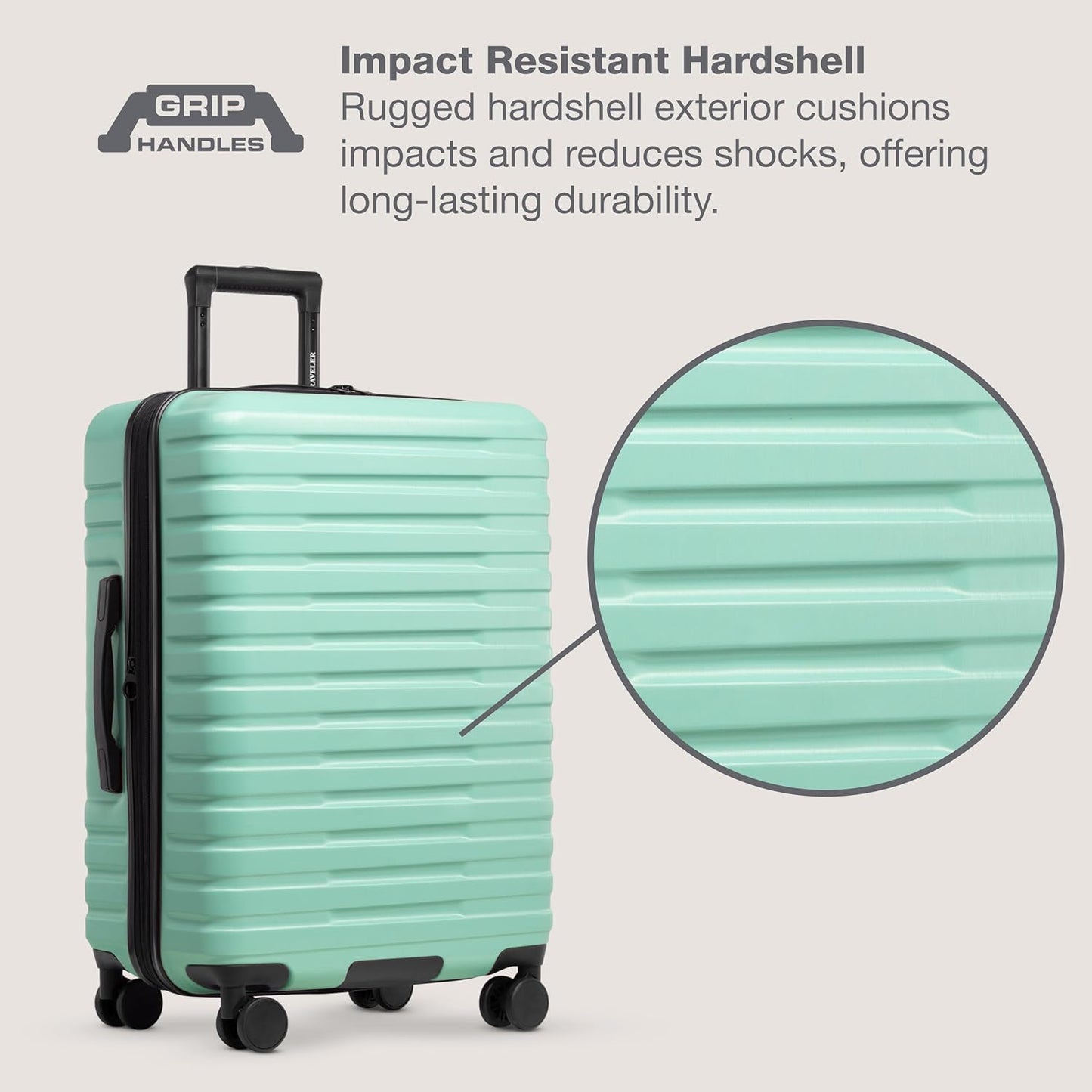 U.S. Traveler Boren Polycarbonate Hardside Rugged Travel Suitcase Luggage with 8 Spinner Wheels, Aluminum Handle, Mint, 2-Piece Set, USB Port in Carry-On