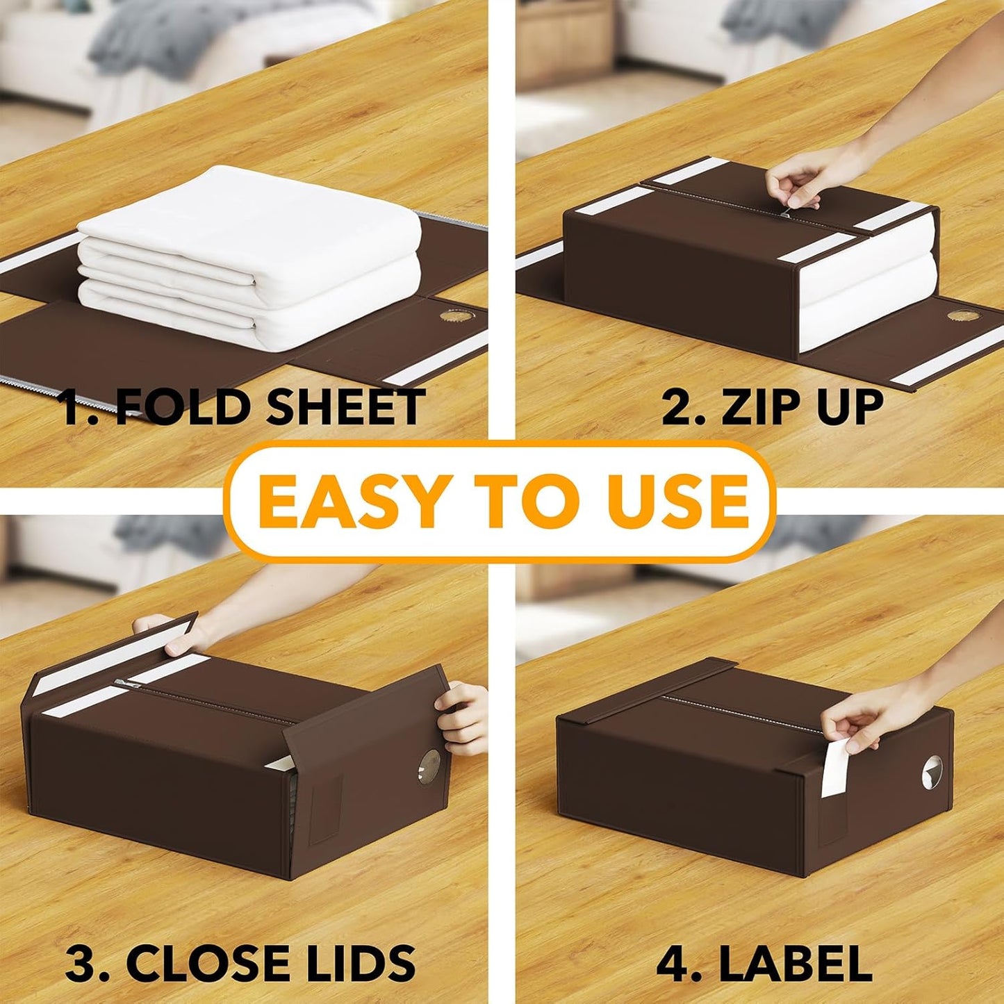 SpaceAid 3 Pack Bed Sheet Organizers and Storage, Foldable Sheet Organizer for Linen Closet, Sheets Set Folder Keeper with Window XL (Queen & King Size) Bedding Container (Brown, 3 Pack)