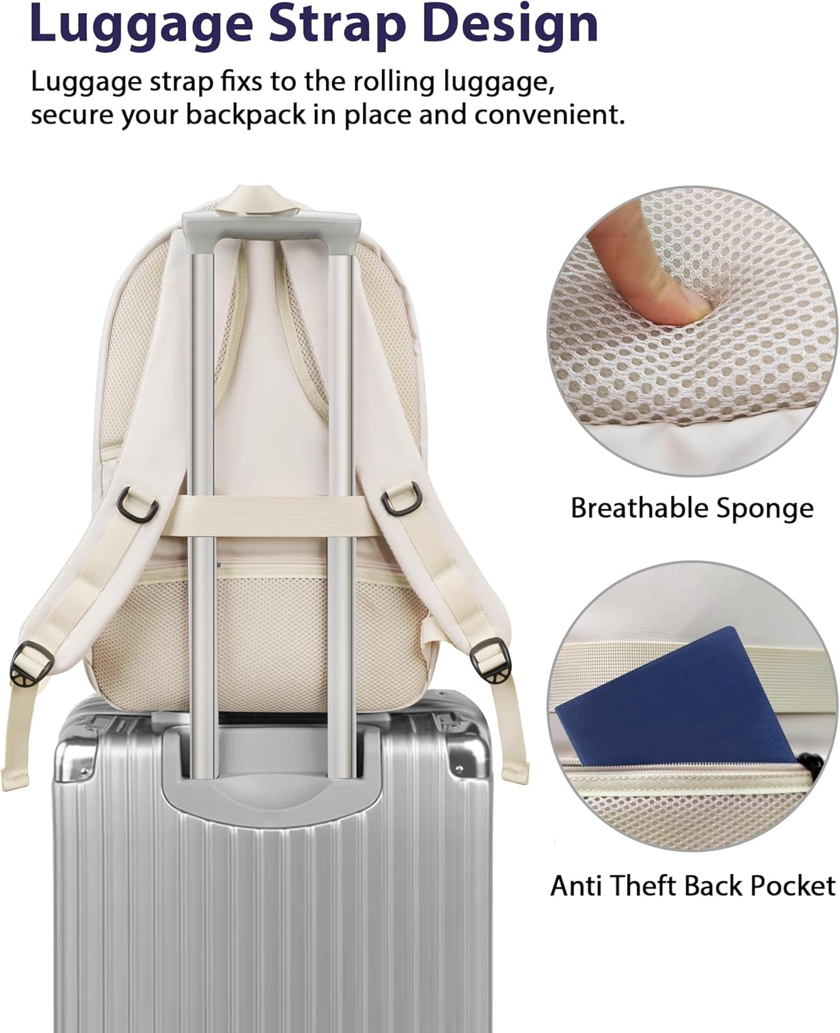 MATEIN 17 Inch Laptop Bookbag for Women, College School Backpack Large Capacity with USB Port & Luggage Strap, Water Resistant Padded Computer Backpack TSA Approved for Nurse Work Travel, Beige