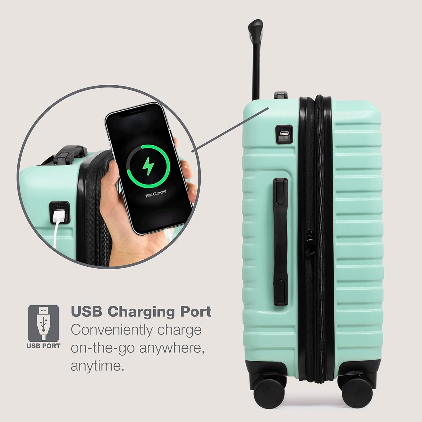 U.S. Traveler Boren Polycarbonate Hardside Rugged Travel Suitcase Luggage with 8 Spinner Wheels, Aluminum Handle, Mint, 2-Piece Set, USB Port in Carry-On