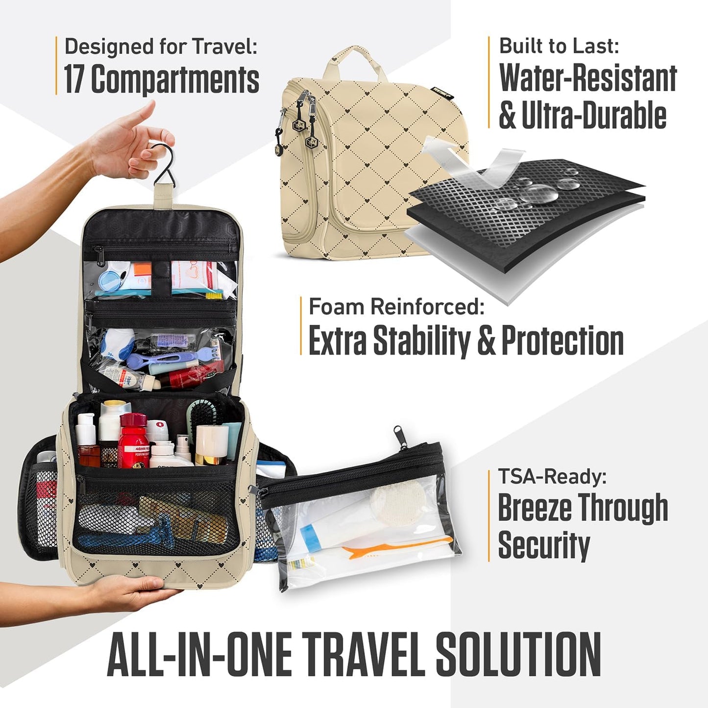 VENTURE 4TH Hanging Travel Toiletry Bag for Women & Men - Travel Organizer with Expandable Compartments & Removable Clear Pouch for Toiletries (Beige Diamonds)