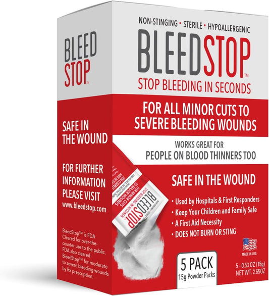 BleedStop™ First Aid Powder for Blood Clotting, Trauma Kit, Blood Thinner Patients, Camping Safety, and Survival Equipment for Moderate to Severe Bleeding Wounds or Nosebleeds 5 Pack 15g
