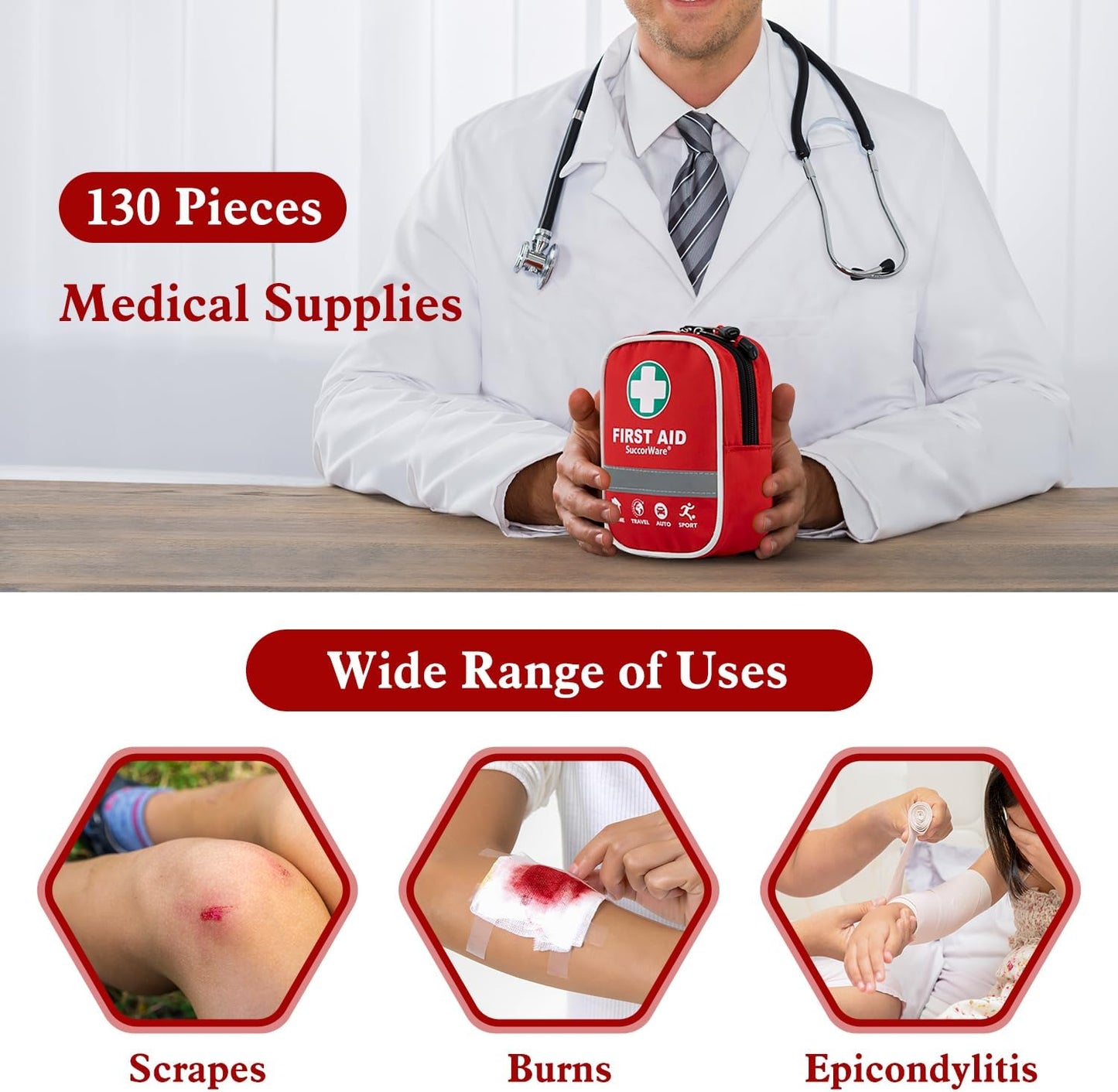 SuccorWare130 Pieces First Aid Kit with Hospital Grade Medical Supplies - Includes Emergency Blanket, Bandage - Great for Home, Outdoors, Office, Car, Travel, Camping, Hiking, Boating