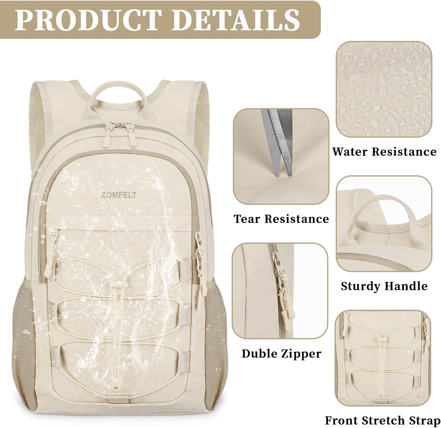 ZOMFELT Hiking Backpack for Women Men, 25L Lightweight Packable Backpacks for Trip, Water Resistant Small Travel Backpack, Foldable daypack for Hiking, Walking, Cycling, Camping, Beige