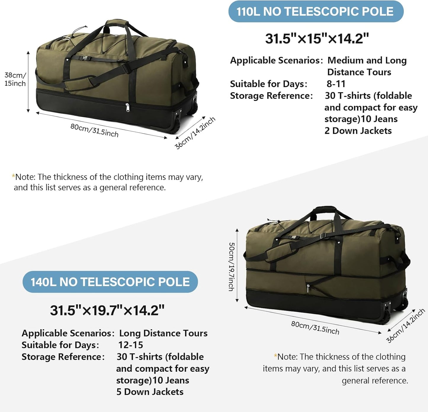 Rolling Duffle Bag with Wheels,110L/140L Expandable Soft-Sided Foldable Duffle Bag with 2 Rubber Wheels,Packable 32” Rolling Carry-On with Multi-Pockets & Compartments (Green)